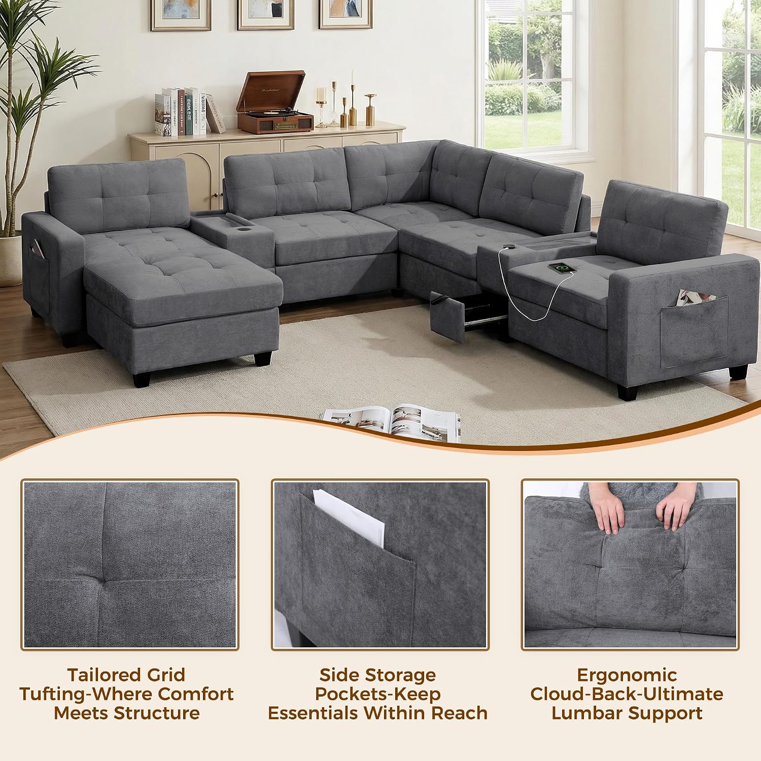 103'' Modular Sectional Sofa couch with 2 Acrylic Consoles, Oversized U Shaped Couch with USB Charger, Storage Drawers,Pockets and Movable Ottoman, Chenille Sectional Couches for Living Room ,Gray