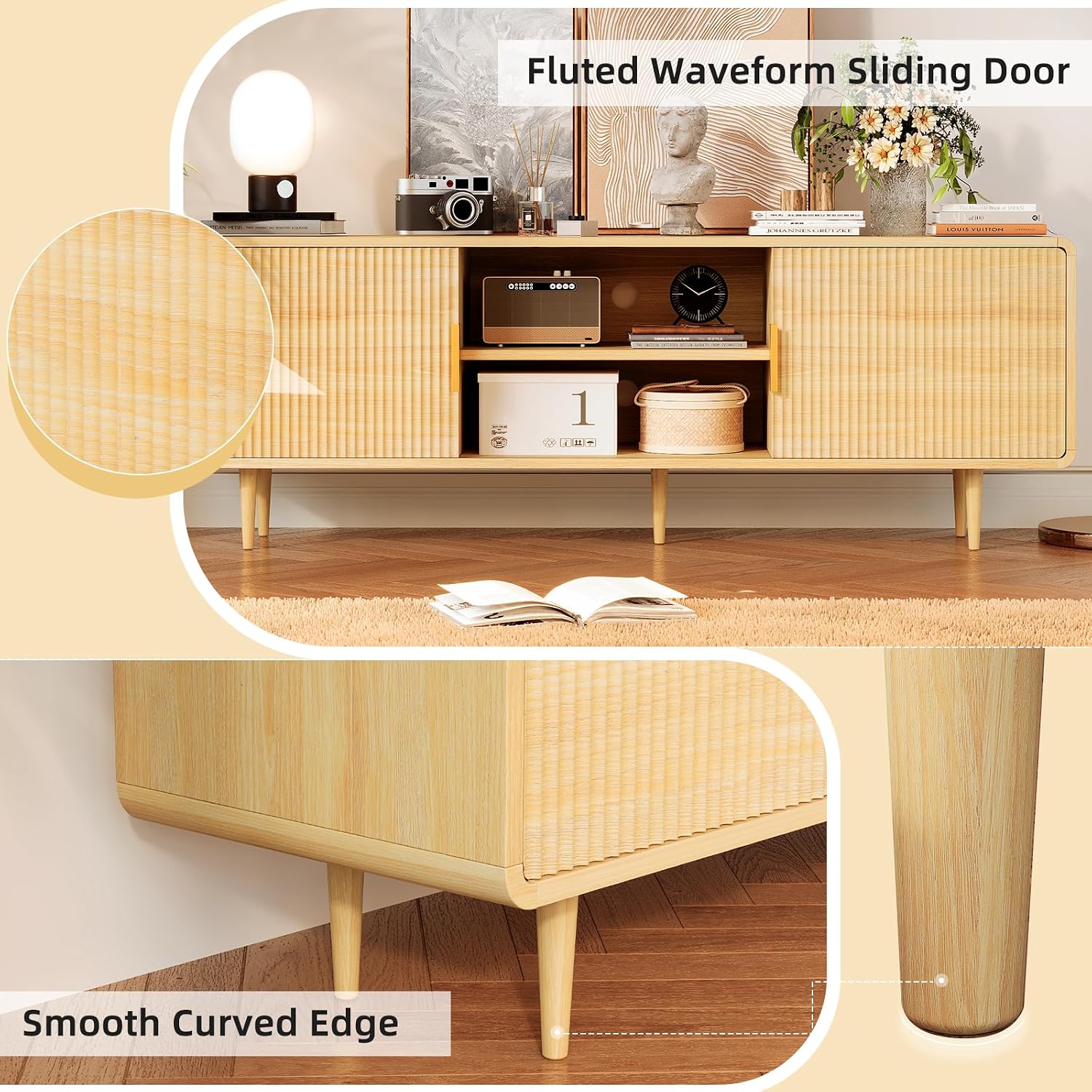 TV Stand for 65 Inch TV, Fluted TV Stand with Curved Profile Design, Wood Entertainment Center TV Console Table with Sliding Doors & Adjustable Shelves, TV Stand for Living Room Bedroom, Natural