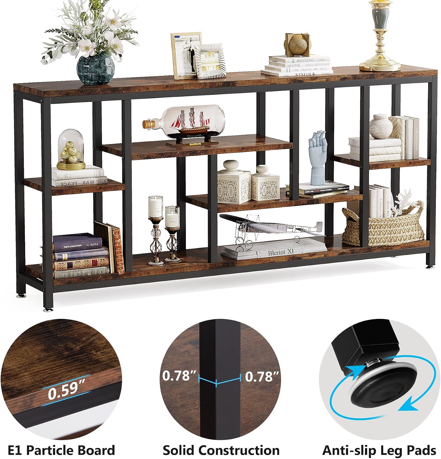 Tribesigns Console Sofa Table, 70.9 inch Extra Long Table Behind Couch with Storage Shelves, 3-Tier Industrial Narrow Entryway Hallway Accent Table for Living Room, Rustic Brown