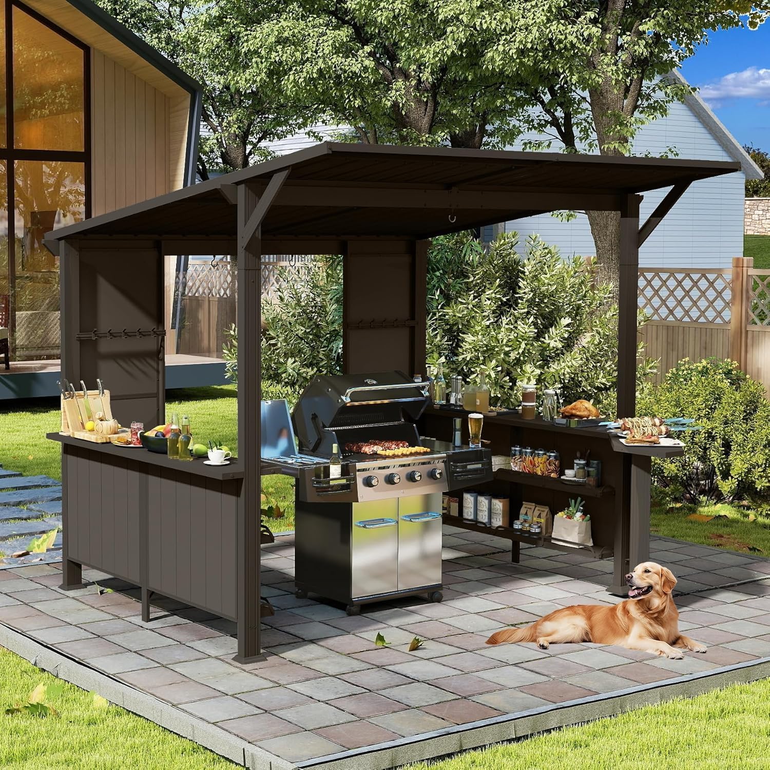 GOWE 9X10FT Hardtop Grill Gazebo, Lean to Outdoor BBQ Gazebo with Storage Shelves and Expansion Platform, Galvanized Steel Permanent Hard top Grill Canopy for Patio Backyard Lawn Garden -Brown