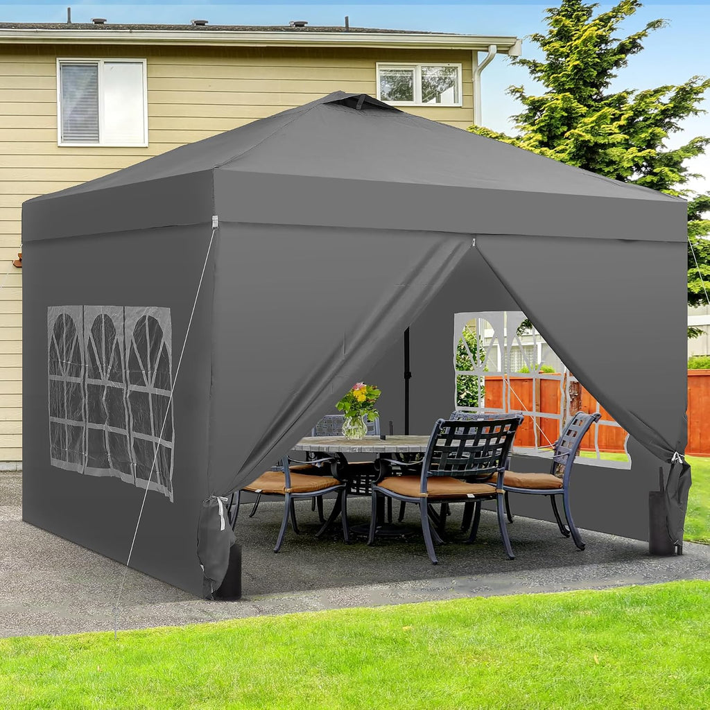 10x10 Pop Up Canopy Tent with One Push Setup, Portable Sun Shade Tent, Instant Easy Up Canopy with 4-Sidewalls & Wheeled Bag, Outdoor Fldable Gazebo with Vent Top, Grey.