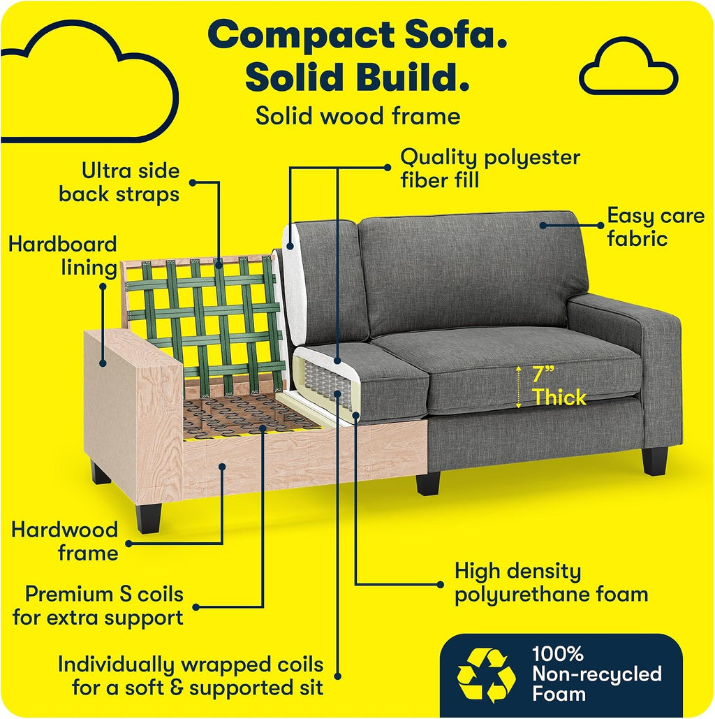Serta Palisades 78' Track Arm Sofa, Easy Care Polyester, Soft Pillow Back, Pocket Coil Seat Cushions, Removable Covers, Loveseat or Couch for Small Spaces, Living Rooms or Bedrooms, Gray