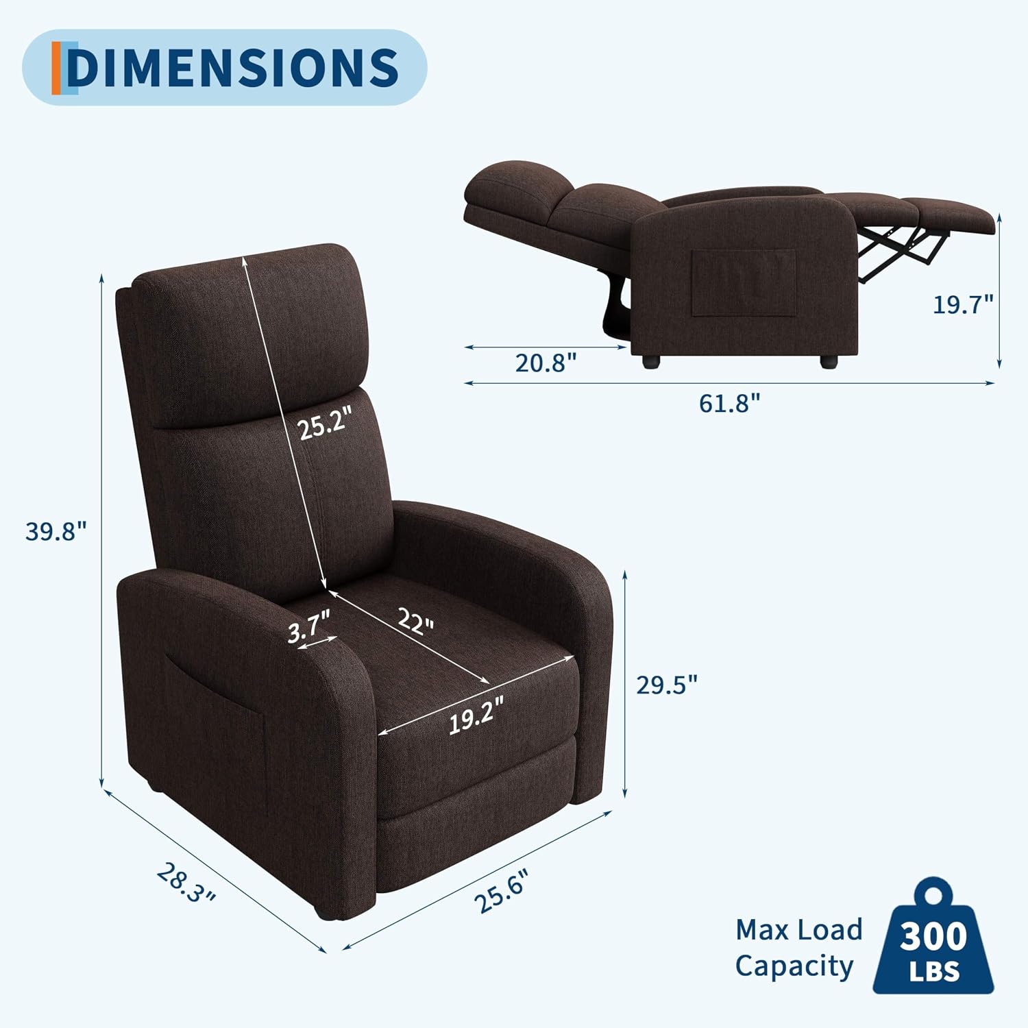 Garvee Recliner Chair for Adults, Lazy Reclining Chair Ergonomic Adjustable Single Sofa Enhanced with Side Pocket, Tall Back, Wide Arms & Padded Seat, Home Theater Seating for Living Room