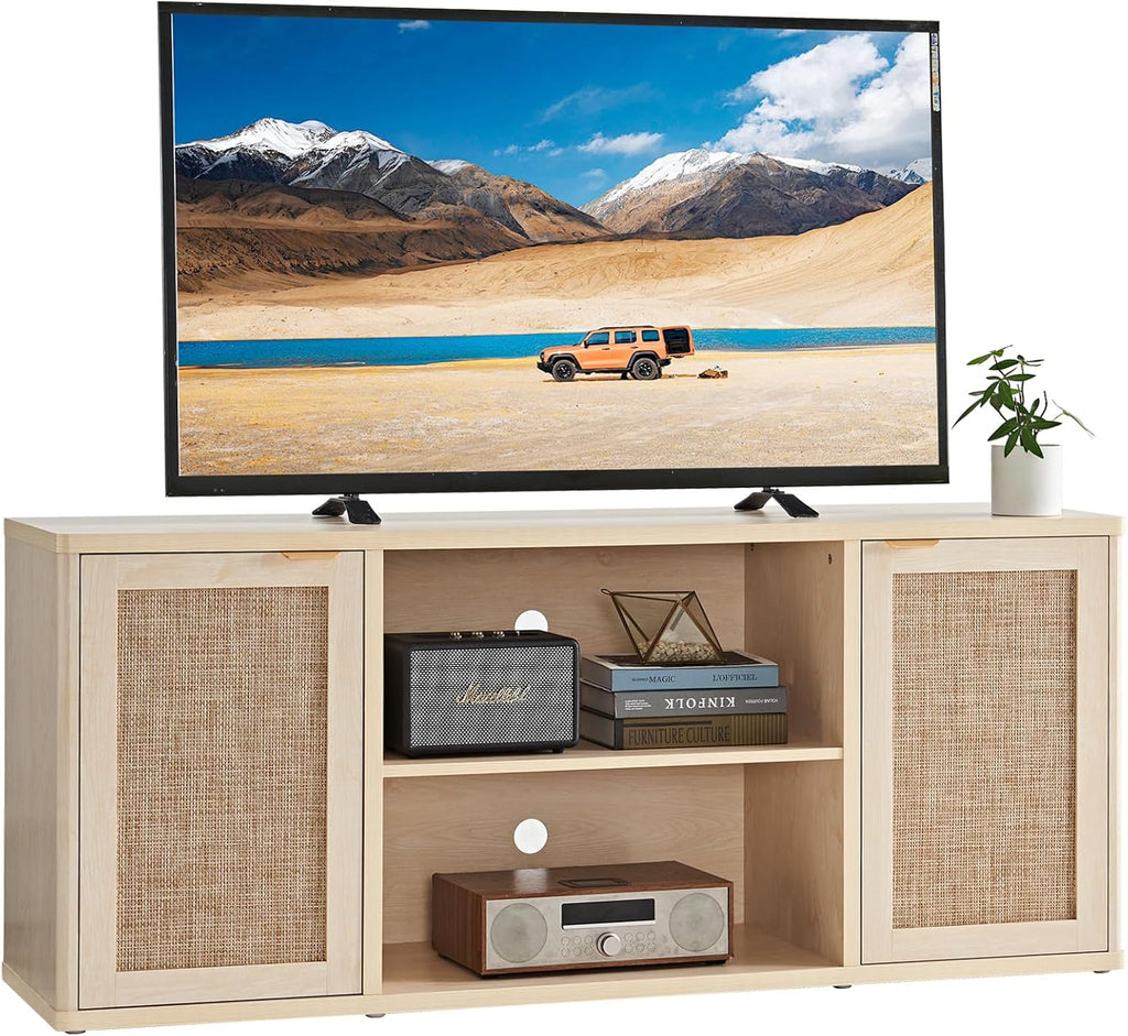 LEYAOYAO Rattan TV Stands for Living Room, Boho TV Cabinet with Storage and Open Shelf, Rustic Wood Entertainment Center, Media Console for 50-65 Inch TV, Light Wood