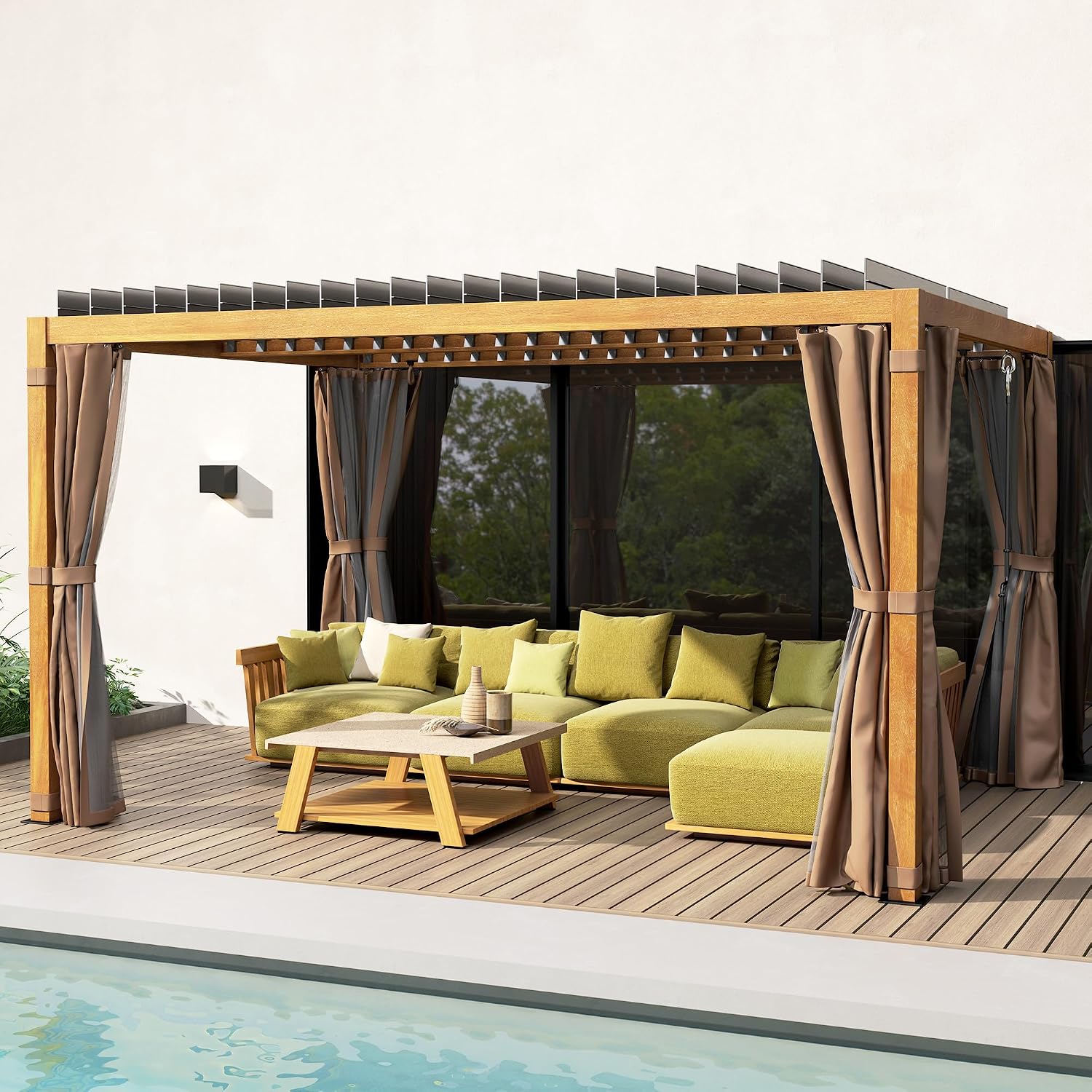 Outsunny 10' x 13' Louvered Pergola Hardtop Gazebo with Adjustable Aluminum Roof and Frame, Outdoor Pergola with Curtains and Netting, for Garden, Lawn, Backyard, and Deck, Natural Wood