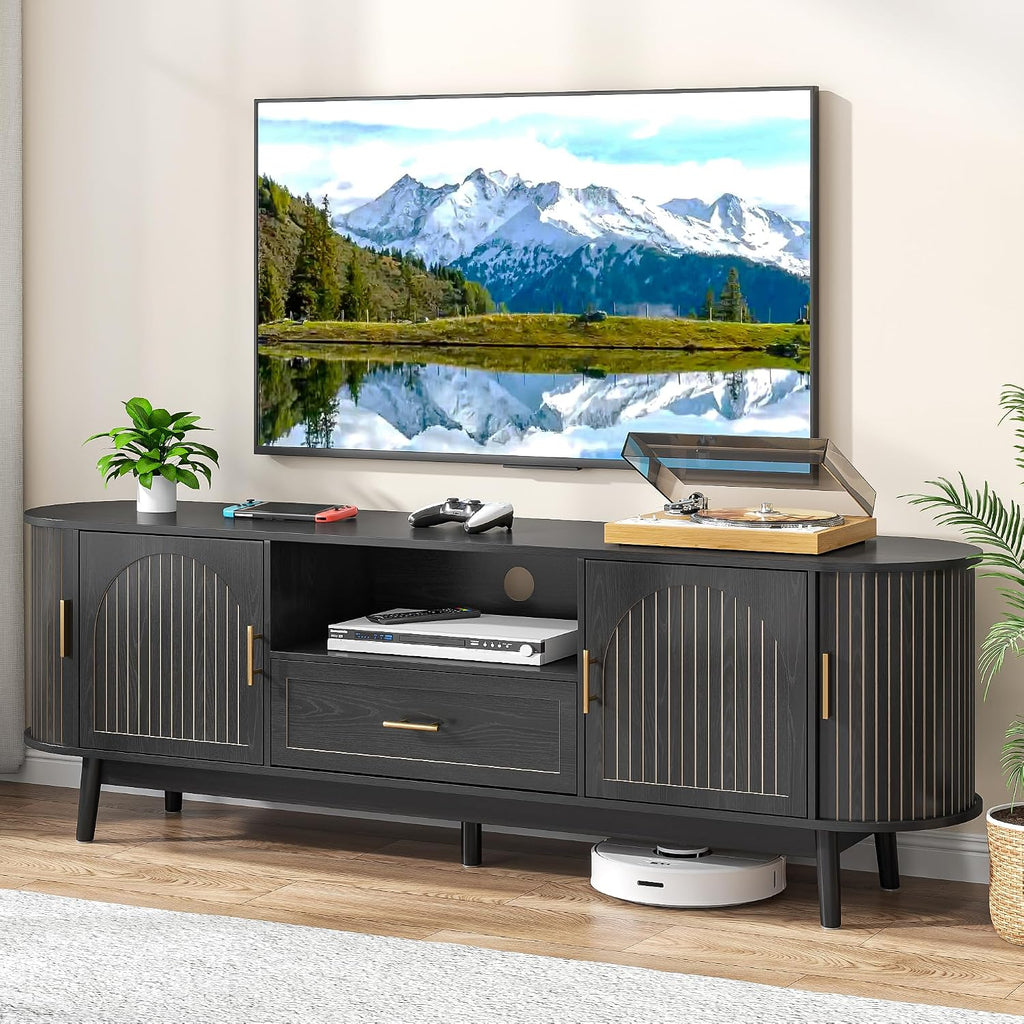 70' Fluted TV Stand for Tvs up to 80', Mid-Century Modern Entertainment Center with Drawers and Fluted Doors, Curved TV Media Console Table with Sliding Doors for Living Room, Bedroom (70' Black)