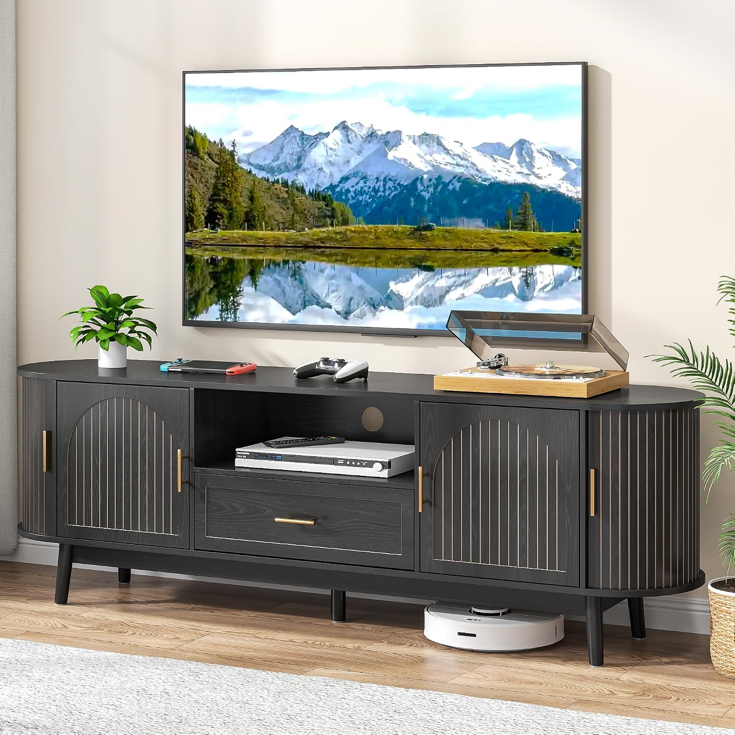 70' Fluted TV Stand for Tvs up to 80', Mid-Century Modern Entertainment Center with Drawers and Fluted Doors, Curved TV Media Console Table with Sliding Doors for Living Room, Bedroom (70' Black)
