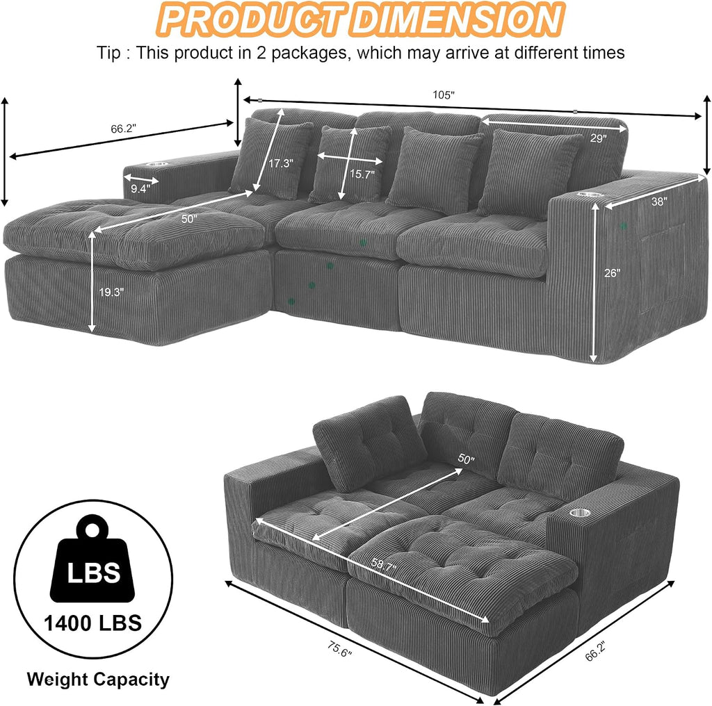 108' Modular Sectional Sofa, Cloud Sectional Couch with Deep Seat, Modern Modular L-Shape Sofa Couch with Chaise,Upholstered Couches for Living Room Bedroom (Dark Gray)
