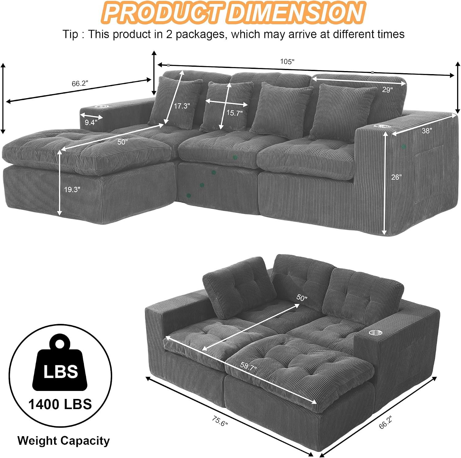 108' Modular Sectional Sofa, Cloud Sectional Couch with Deep Seat, Modern Modular L-Shape Sofa Couch with Chaise,Upholstered Couches for Living Room Bedroom (Dark Gray)