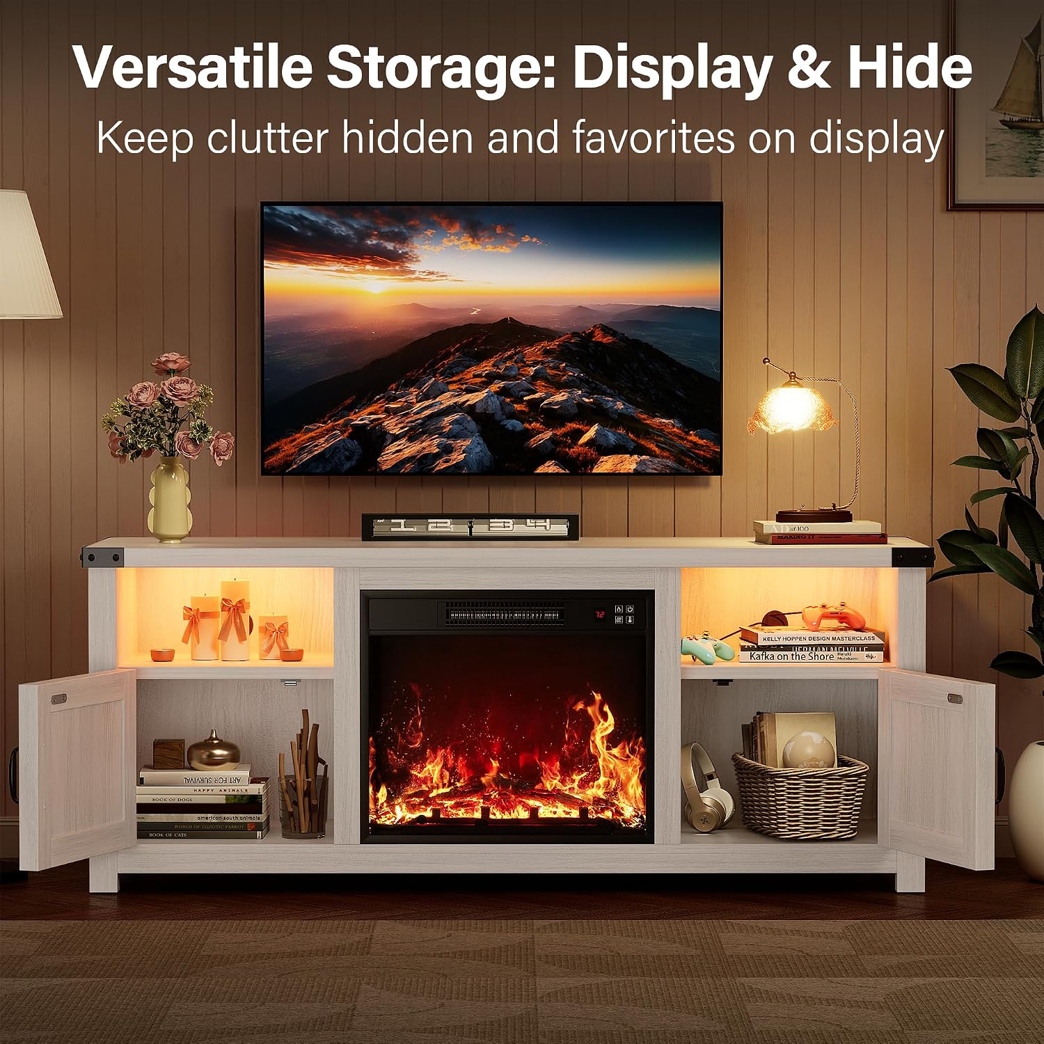YESHOMY LED Fireplace TV Stand with Mood Lighting, TV Cabinet with Open Shelf, Farmhouse Media Console with Hidden Cable Routing, Entertainment Center for Televisions up to 65+ Inch, White