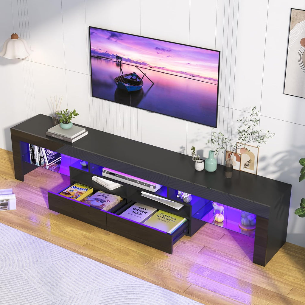 Uspeedy 86.6in TV Stands for 85/90/95 inch TV,Modern LED TV Stand for Living Room,Black TV Stands,High Gloss TV Entertainment Center with Storage Drawer,APP RGB Light
