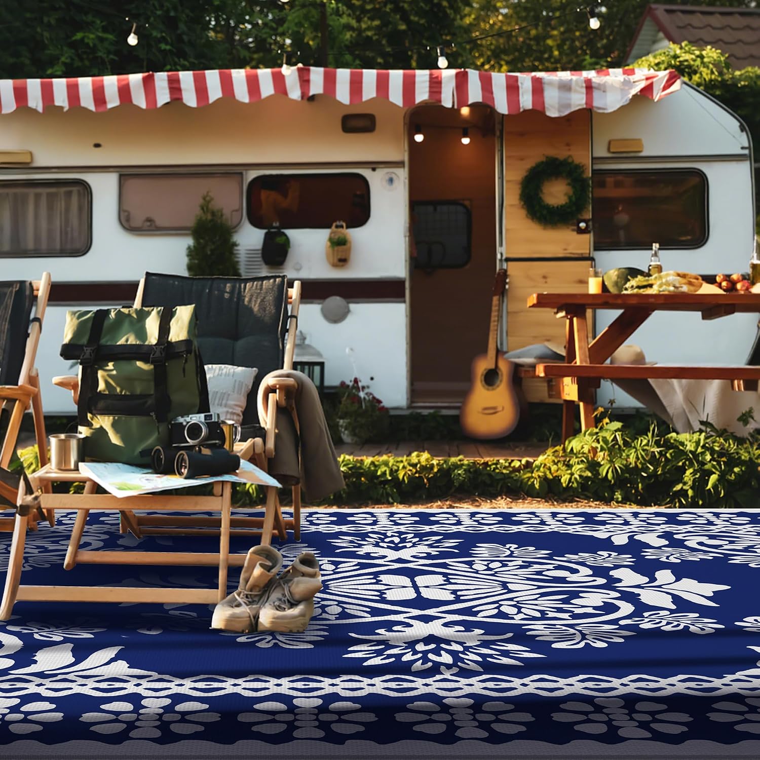 Pafolo Outdoor Rug Waterproof, 9'x12' Reversible Patio Rug with Lights, 4 Rug Stakes, Non Shedding, Easy Cleaning, Foldable Outside Mat for RV, Camping, Porch, Deck, Beach, Patio, Picnic, Blue&White
