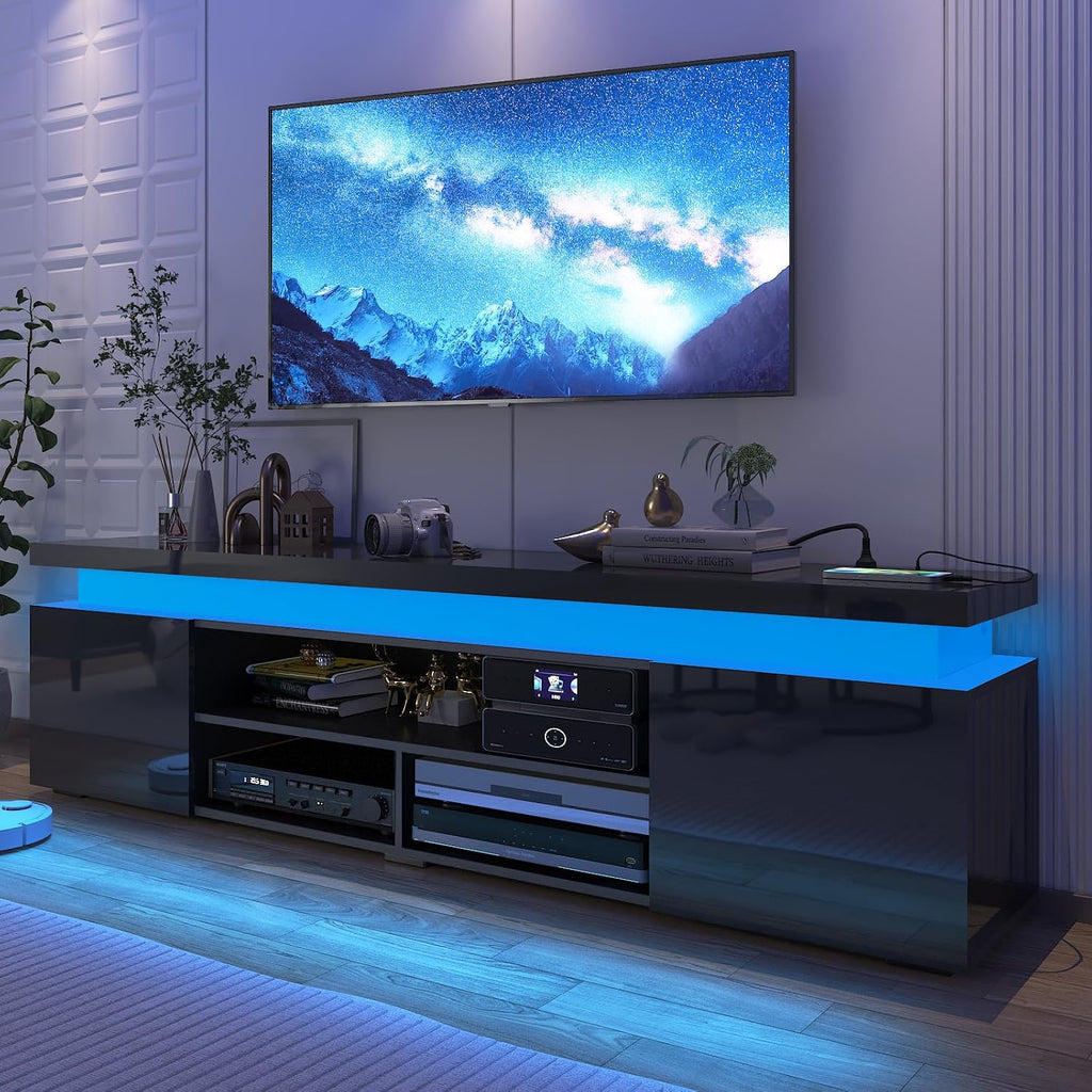 Hlivelood LED TV Stand for 85 Inch TV, Modern TV Stand with Power Outlet, High Gloss TV Console Entertainment Center with Storage and LED Lights for Living Room, Bedroom (73 Inch, Black)