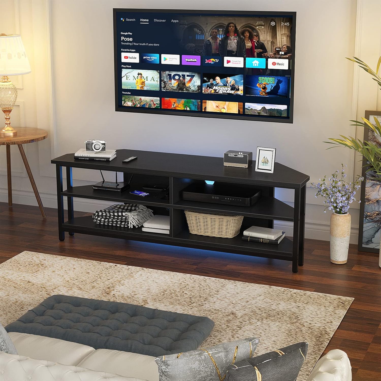 Unikito Corner TV Stand With Power Outlet, Corner Entertainment Center Corner TV Table With 4 Open Storage Corner TV Cabinet Wood TV Stand For Living Room,Bedroom Corner TV Stand For 55 inch TV, Black