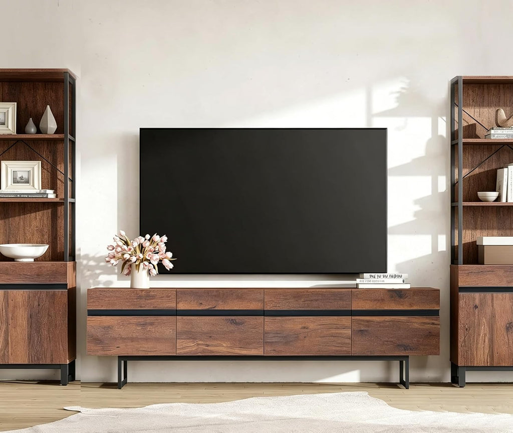 WAMPAT Modern TV Stand for up to 75 inch TV, Wood Entertainment Center TV Console Table with Storage Cabinets Media Console for Living Room, Brown