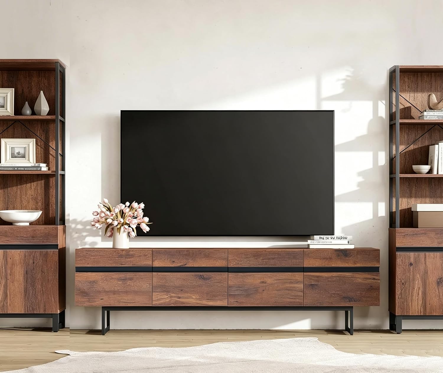 WAMPAT Modern TV Stand for up to 75 inch TV, Wood Entertainment Center TV Console Table with Storage Cabinets Media Console for Living Room, Brown
