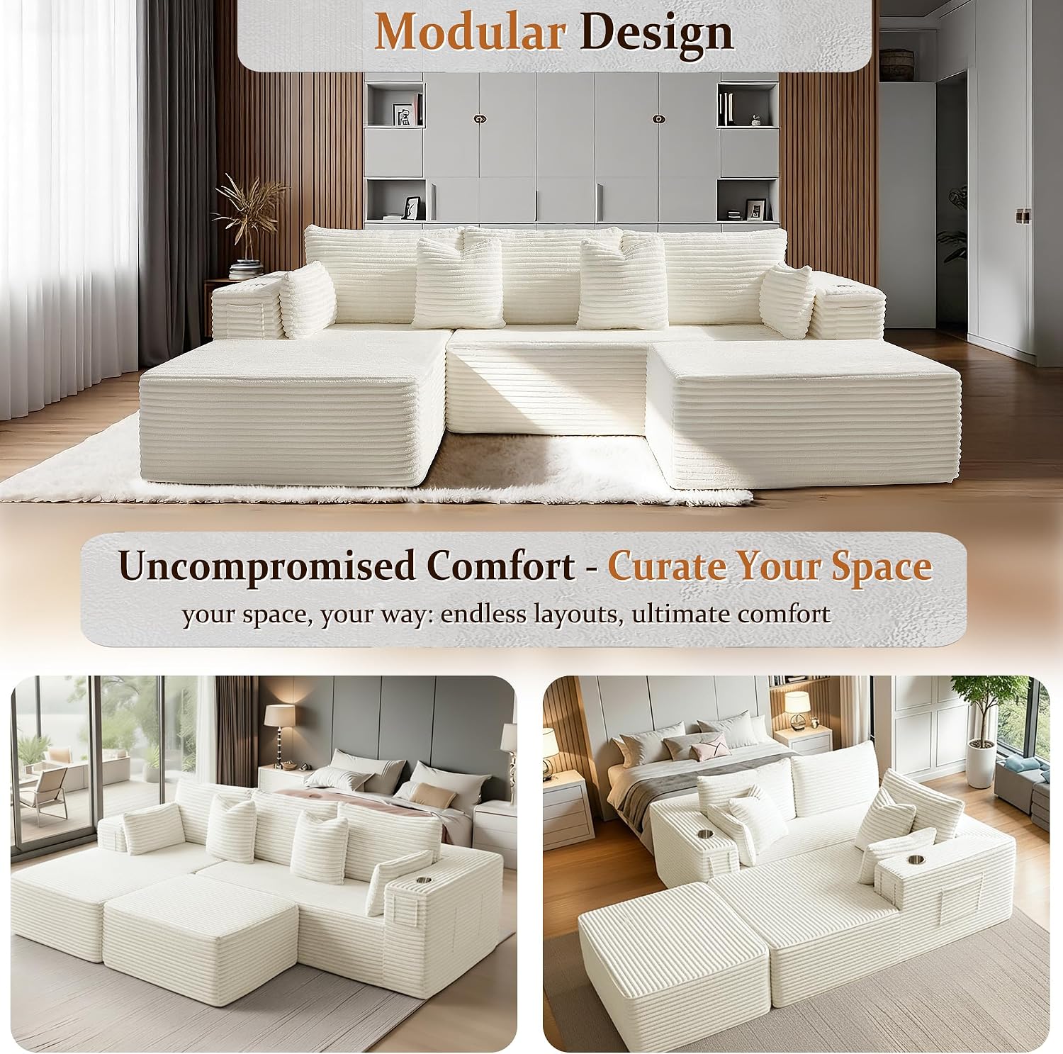 108' Cloud Sectional Couch, Comfort U Shaped Sofa for Living Room, Extra Deep Seats No Assembly, Minimalist Modular Couch, Corduroy (Cream, 2 Seater+Left Facing Chaise+Ottoman)