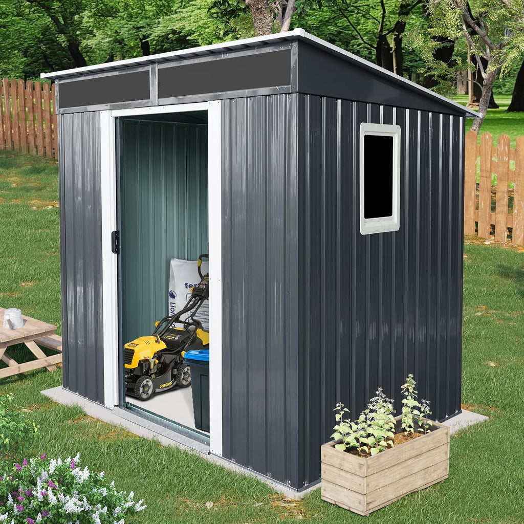 GDFStudio 6ft x 5ft Outdoor Metal Storage Shed with Window and Transparent Roof Panel, Garden Tool House with Metal Foundation, Sliding Doors, Hooks & Accessories Included,Black and White