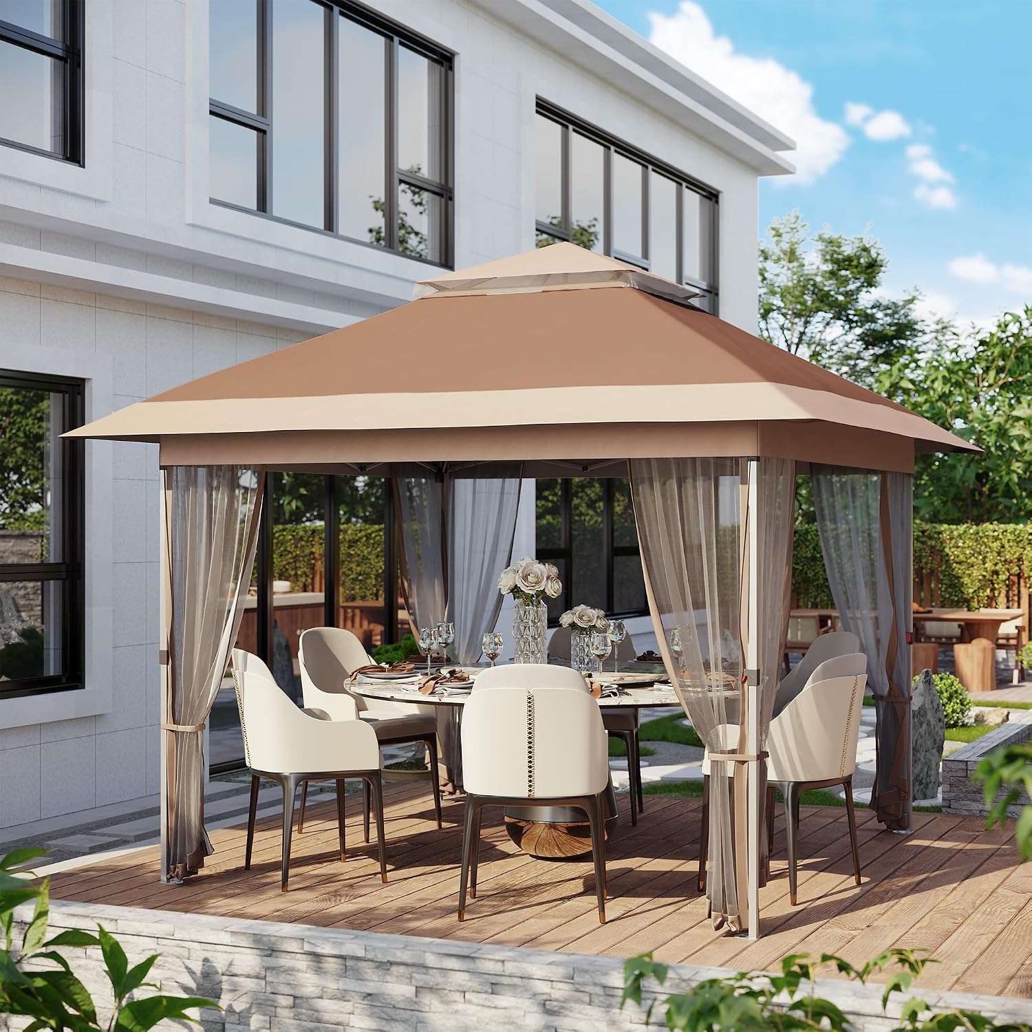 12x12 Pop Up Canopy - Outdoor Gazebo Tent with Mosquito Netting & Curtains, Adjustable Height, Includes Wheeled Carry Bag for Patio/Garden/Backyard (Deep Brown & Khaki)