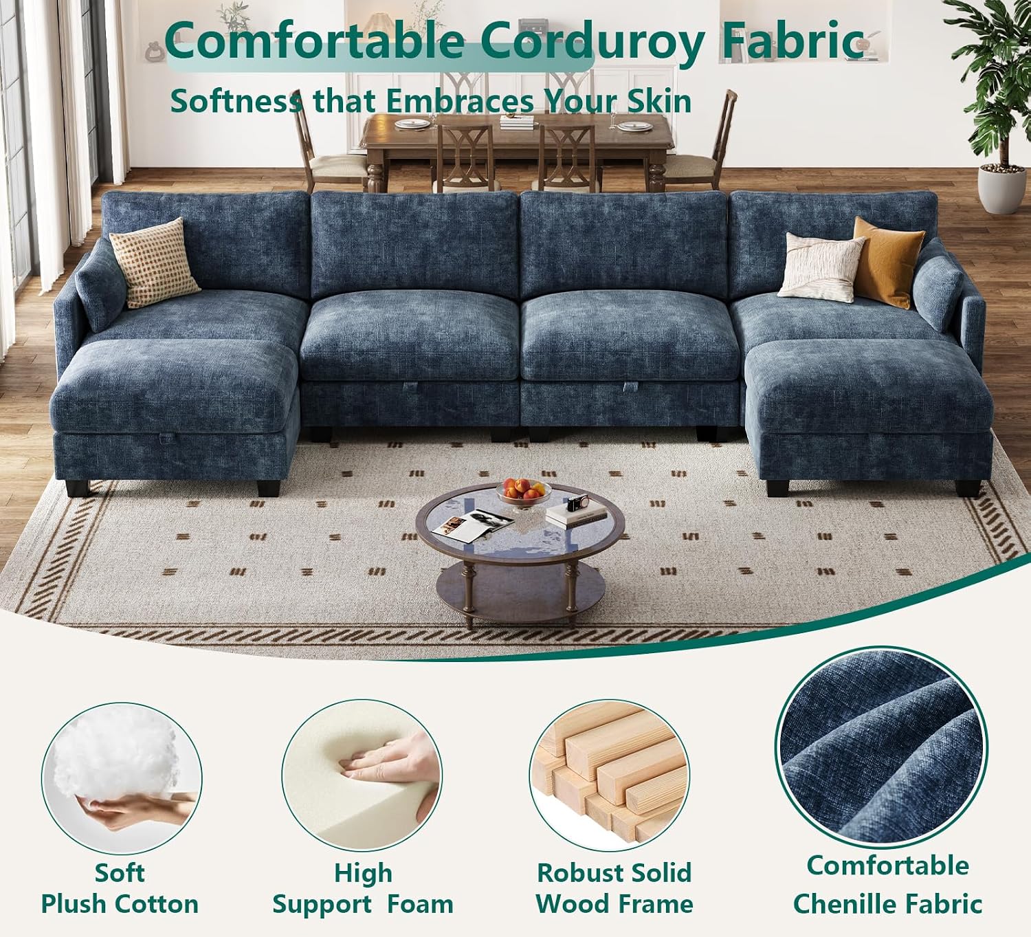 Modular Sectional U Shaped Sofa Couches for Living Room, Cloud Couch with Storage Ottoman, Comfy Chenille Sofa with Pillow, Blue