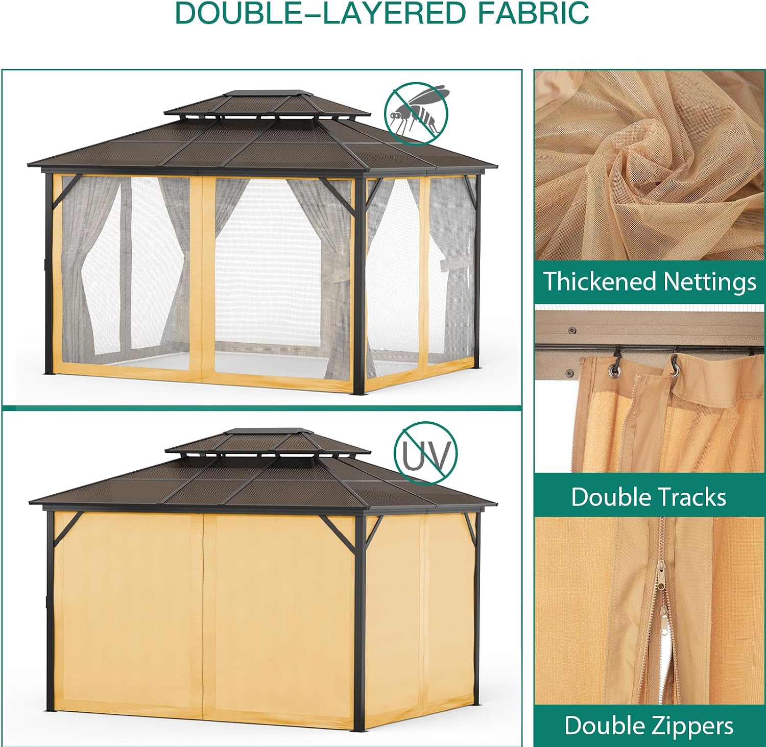 10X13 FT Hardtop Gazebo with Double Roof, Heavy-Duty Aluminum Frame & All-Weather Polycarbonate Canopy, Includes Netting & Curtains for Patio, Garden, Poolside Khaki