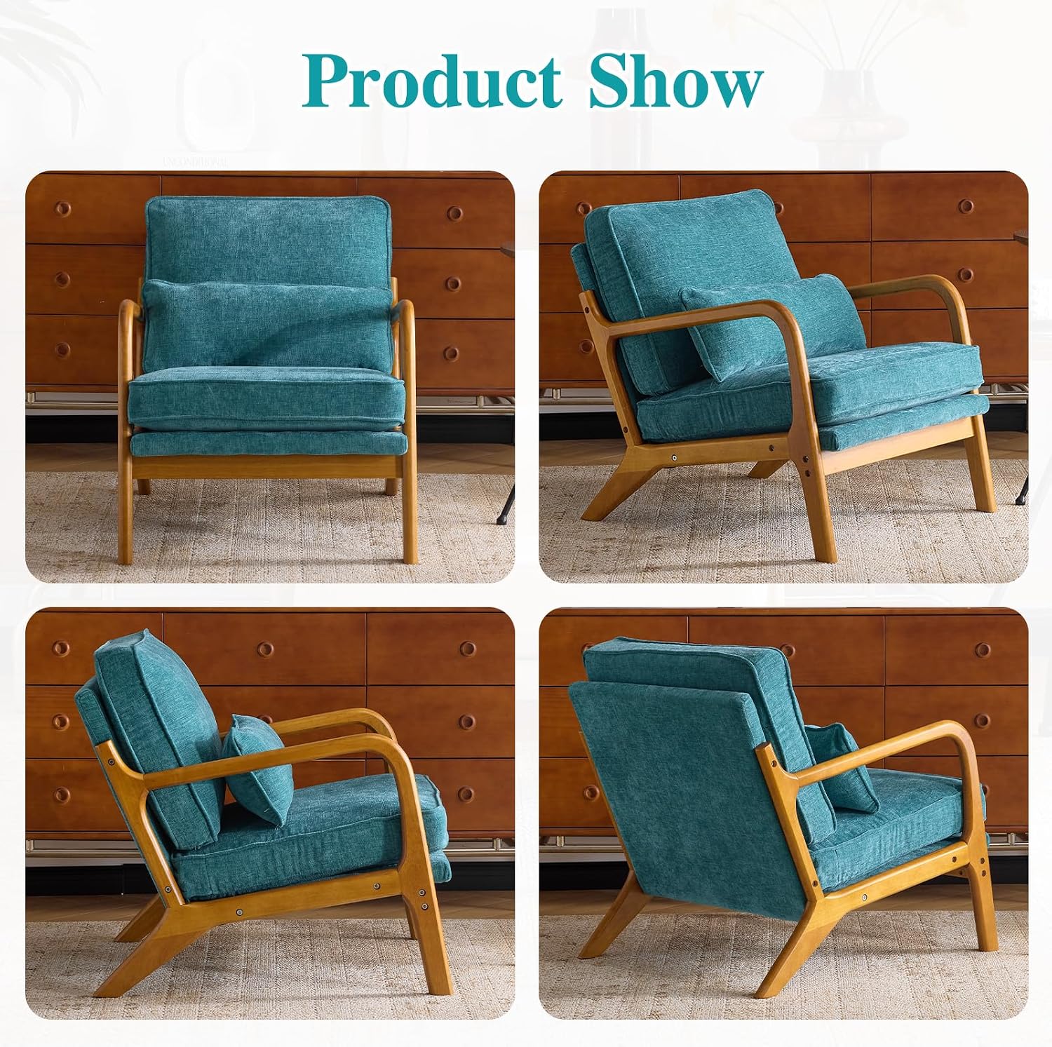 Karl home Mid Century Modern Accent Chair with Lumbar Pillow & Oak Arms – Plush Chenille Living Room Chair for Bedroom, Lounge (Teal)
