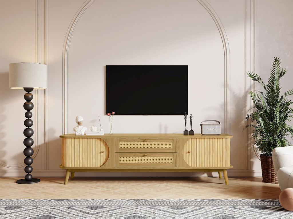 Merax Modern Fluted TV Stand for 75' TVs, Mid-Century Entertainment Center Tambour Door Media Console TV Cabinet with Rattan-Front Drawer for Living Room, Curved Profile Design