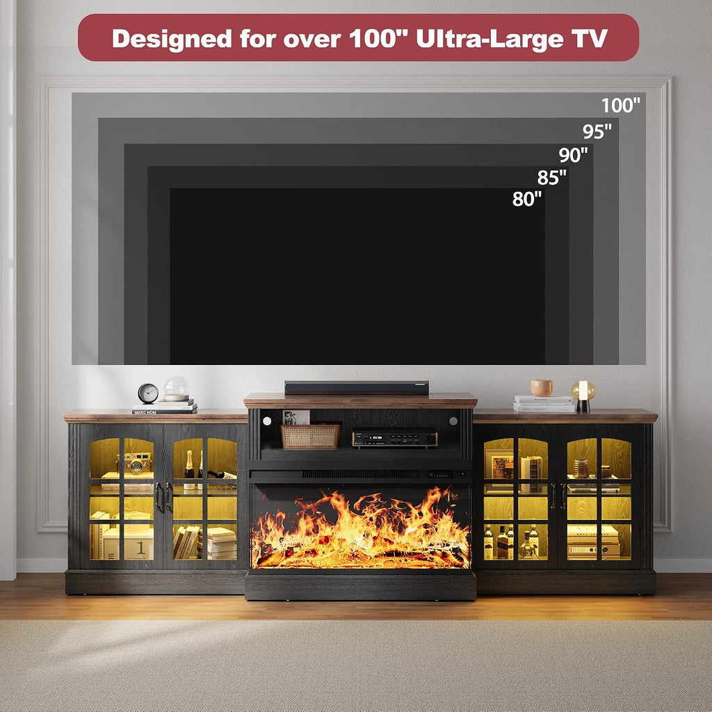 97' Fireplace TV Stand with 36' Electric Fireplace, Farmhouse Entertainment Center for TVs up to 100', Media Console Table with Large Storage Cabinets, for Living Room, Black