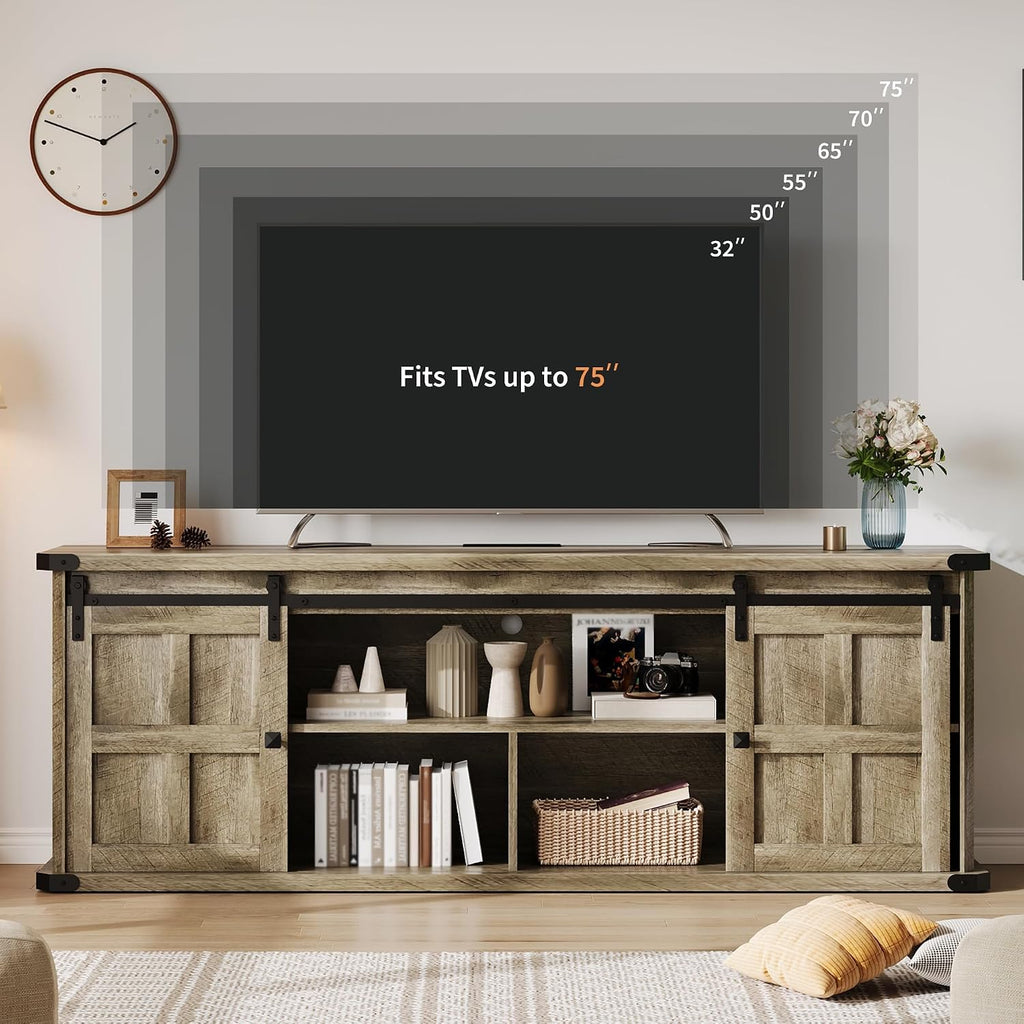 GarveeHome 70' Farmhouse TV Stand for 75 Inch TVs, Modern Entertainment Center with Sliding Barn Doors, Modern Media TV Console Table, Wood Long TV Stand for Living Room