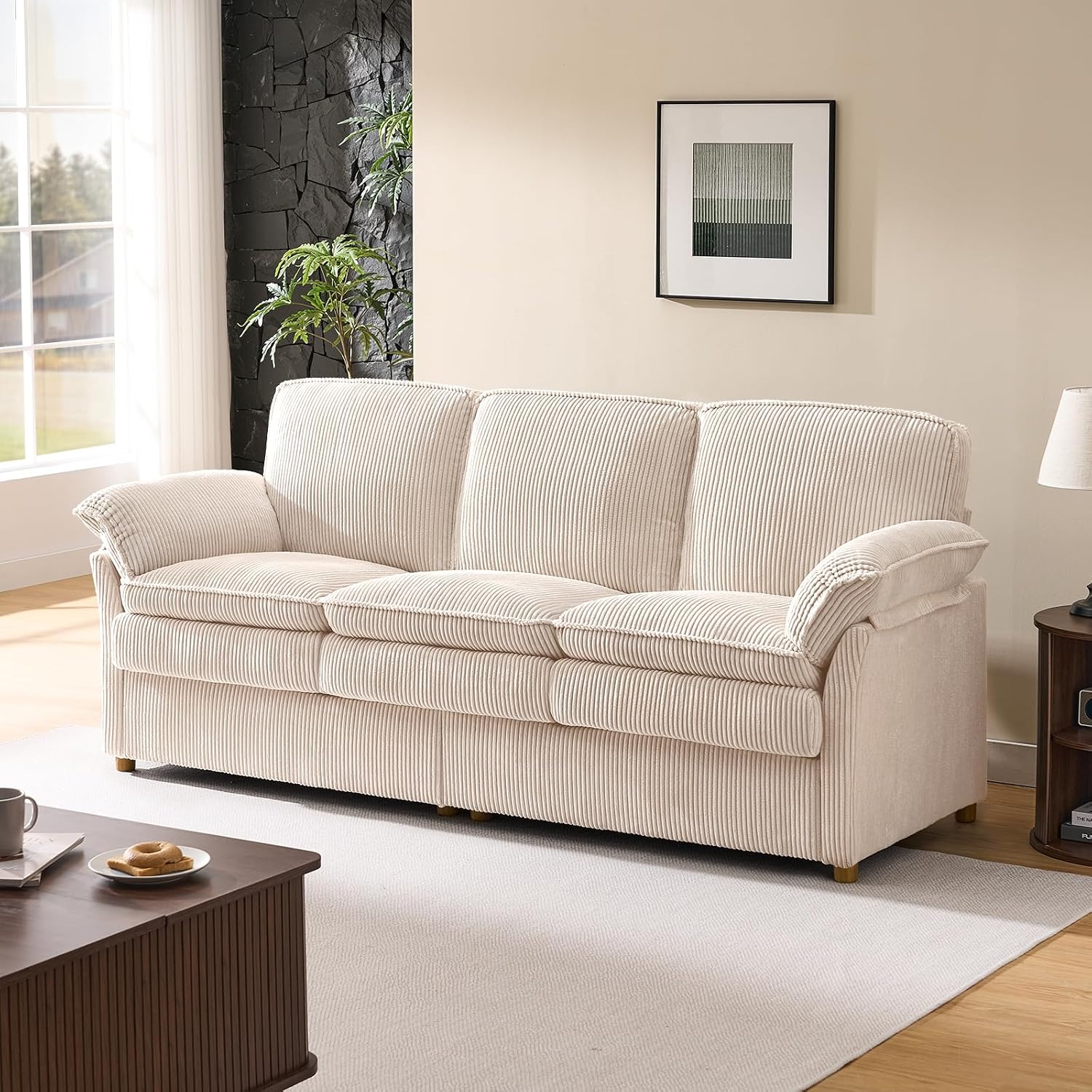 ONBRILL 86.6' Corduroy Couches for Living Room, Comfy 3 Seater Sofa with Pillow-Top Armrest & Dual-Layer Cushions, Mid Century Modern Couch for Bedroom, Apartment, Beige