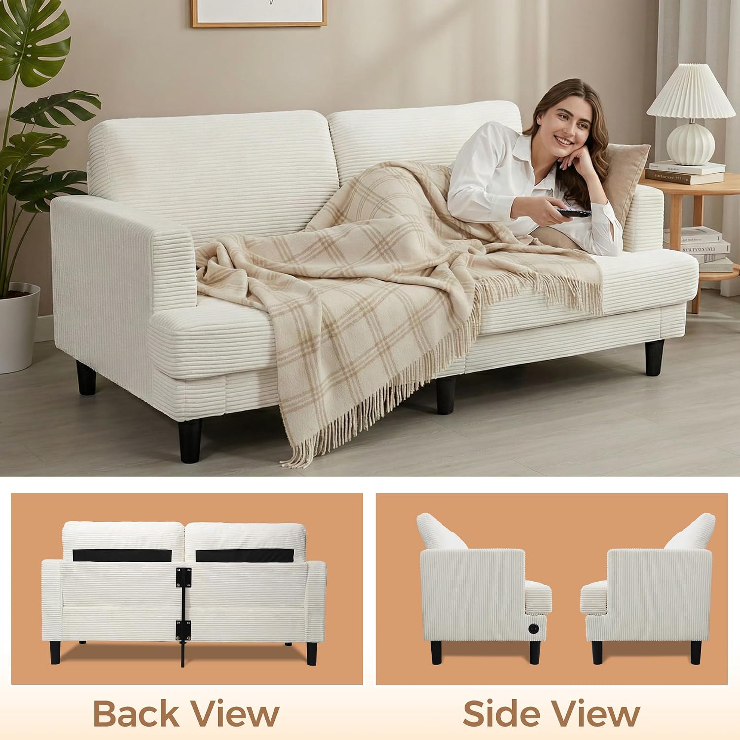 MAKIAAP 70' Loveseat Sofa for Living Room, Comfy Corduroy Couch with USB & Type-C Ports, Modern 2-Seater Deep Seat Small Couch for Bedroom, Apartment, Office – Soft Cushions & Sturdy Frame (Beige)