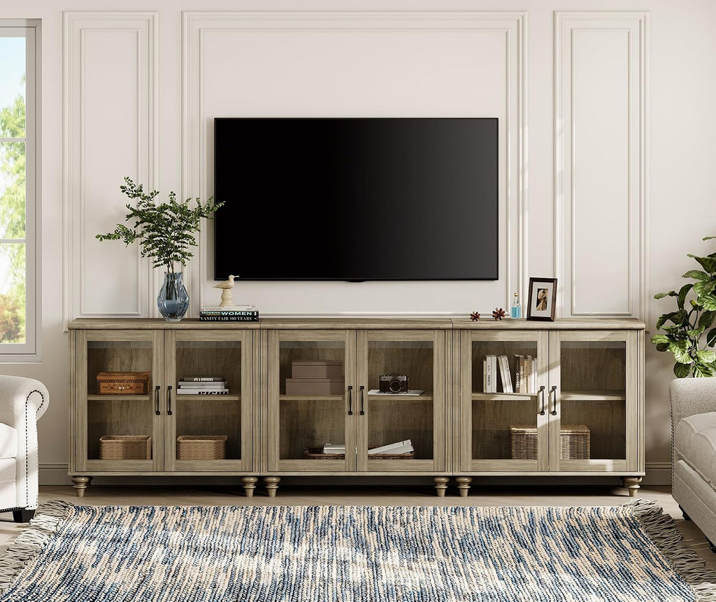 WAMPAT 100 Inch TV Stand with Glass Door, Wood TV Cabinet Entertainment Center for 75/80/85 Inch TV, 3-in-1 Kitchen Buffet Cabinet with 6 Storage Cabinets for Dining Room & Living Room, Wash Grey