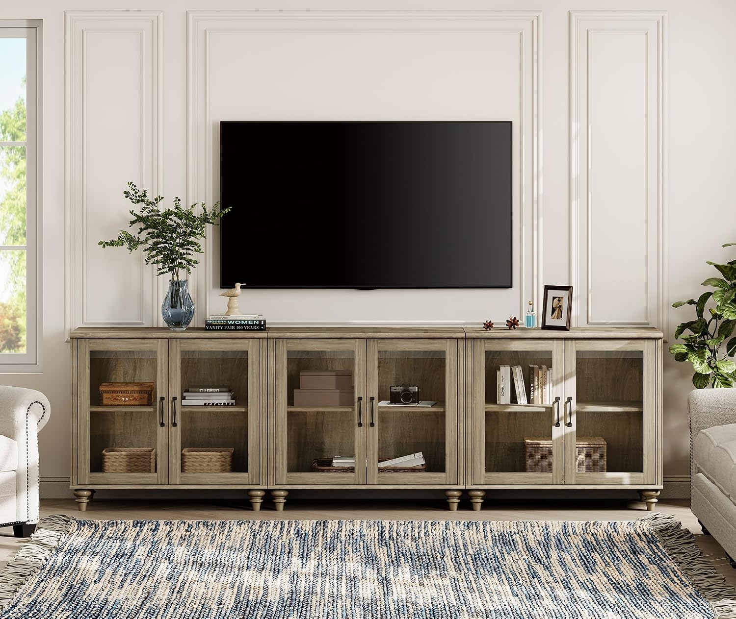 WAMPAT 100 Inch TV Stand with Glass Door, Wood TV Cabinet Entertainment Center for 75/80/85 Inch TV, 3-in-1 Kitchen Buffet Cabinet with 6 Storage Cabinets for Dining Room & Living Room, Wash Grey