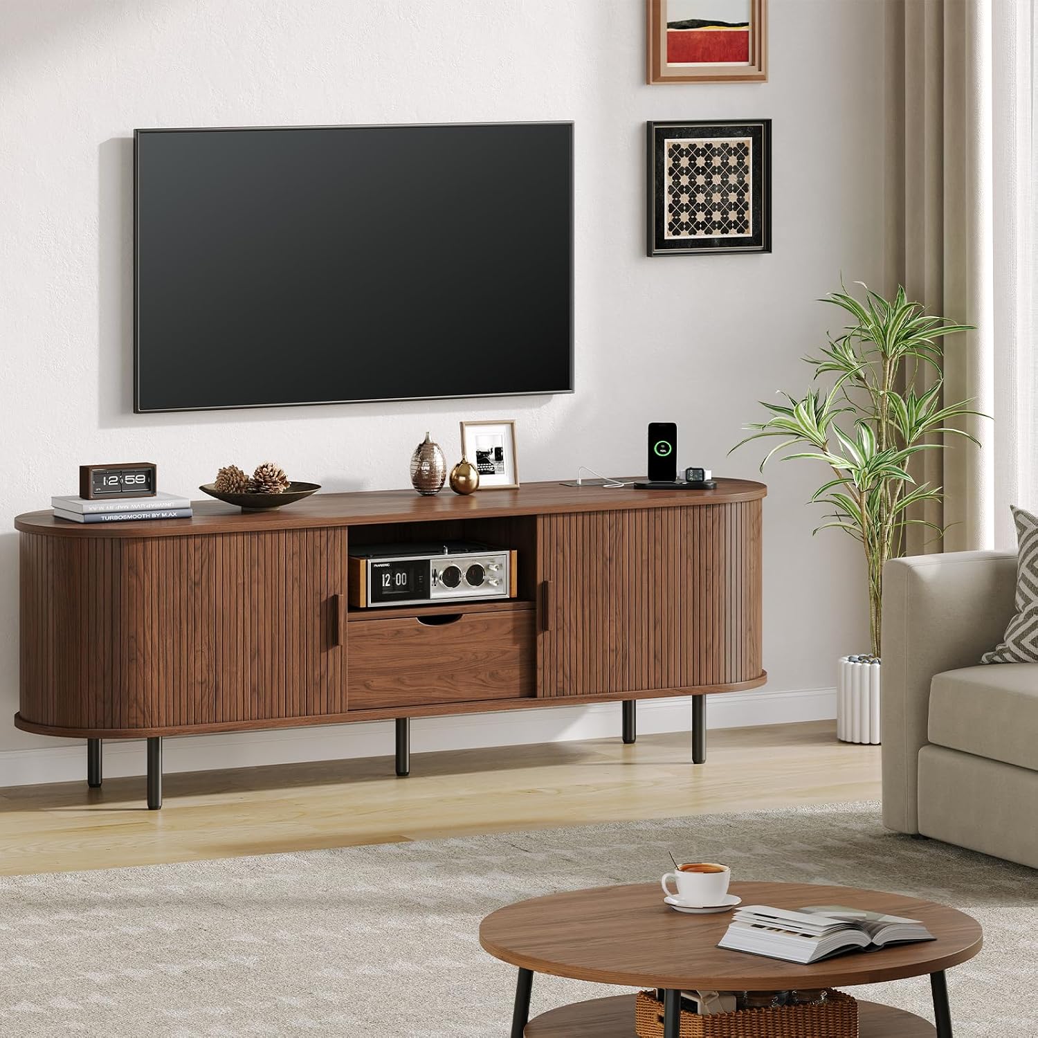 63' Mid-Century TV Stand with Power Outlet, Fluted Entertainment Center with Storage and Drawer, TV Console with Sliding Door and Adjustable Shelves, TV Stand up to 80' for Living Room, Walnut