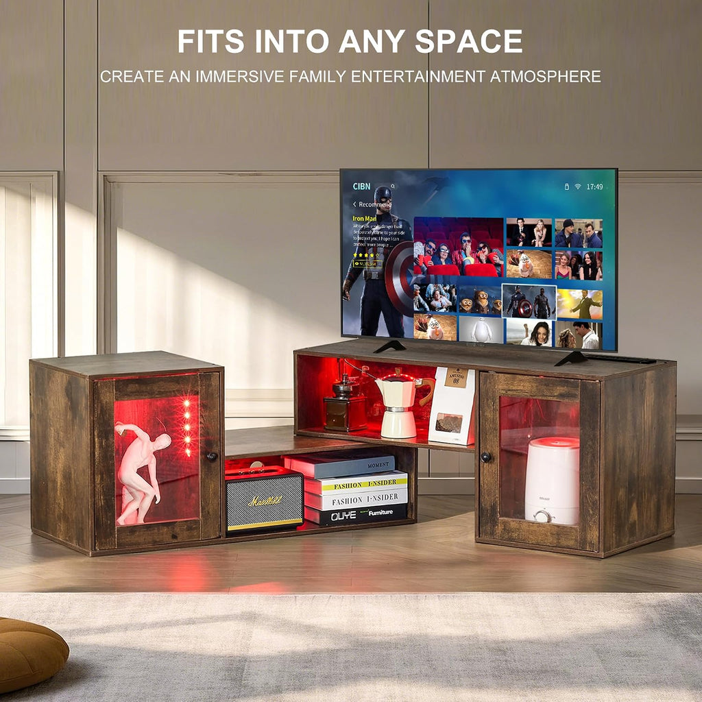VECELO LED TV Stand for Televisions up to 70 Inchs Modern Entertainment Center with Storage, Media Console with 23 Flashing Options and 4 Customizable Modes for Living Room, Bedroom, Brown