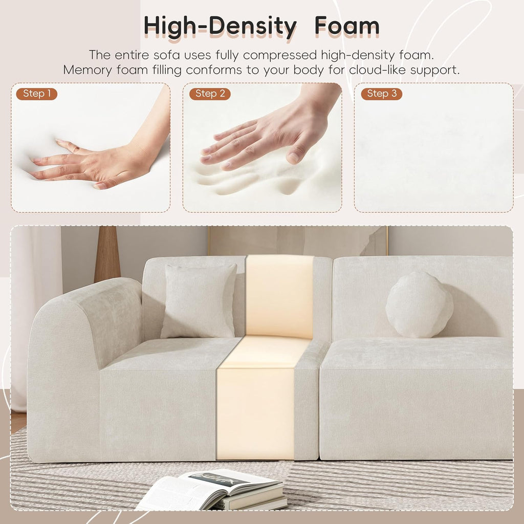 Merax 140' Curved Polyester Sectional Sofa Set, 7 Seat Modern Cloud Couch with Chaise Lounge, 3 Pillows, Fully Assembled for Living Room, Beige
