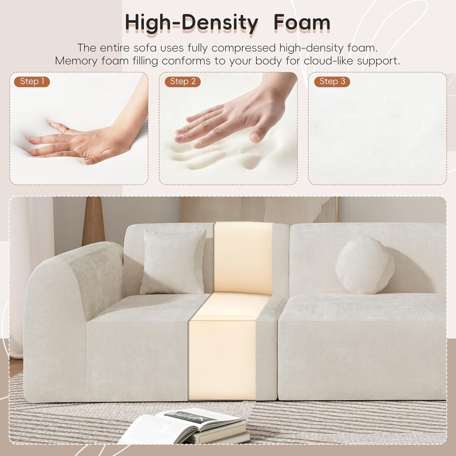 Merax 140' Curved Polyester Sectional Sofa Set, 7 Seat Modern Cloud Couch with Chaise Lounge, 3 Pillows, Fully Assembled for Living Room, Beige