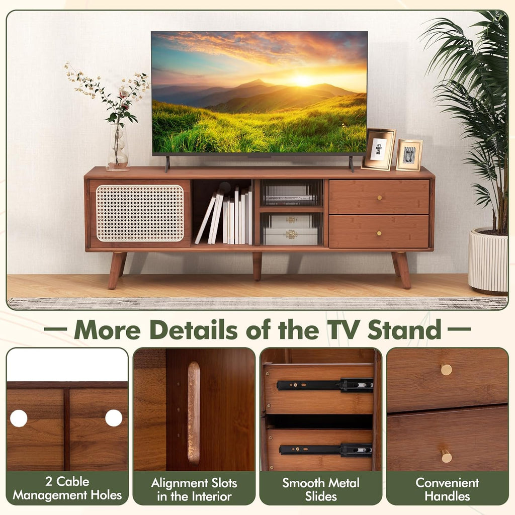 Tangkula Mid Century Modern TV Stand for TVs up to 65', Bamboo Entertainment Center w/Glass & PE Rattan Sliding Doors, 2 Drawers, Adjustable Shelf, Wood Legs, Media Console (Bamboo 2-Walnut)