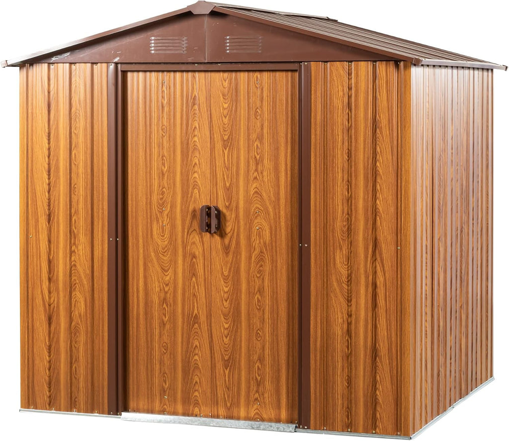 YOPTO 6×6 FT Outdoor Metal Storage Shed,Heavy Duty Storage House W/Integrated Punched Vents,Sliding Doors&Padlock,Horizontal Siding in Woodgrain Tool Sheds for Garden Backyard Lawn Patio,Yellow Brown