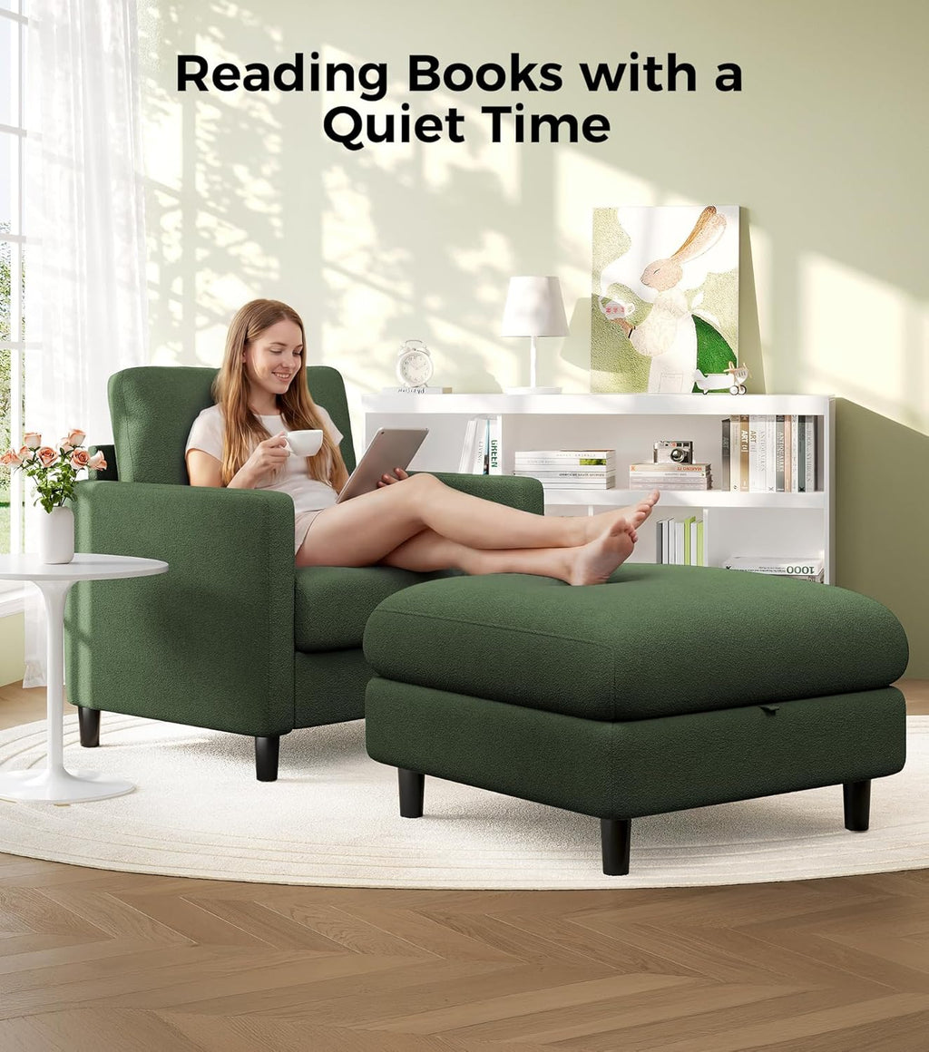 Welzona Sofa Accent Chair with Ottoman, 33' Reading Chair and Ottoman Set for Bedroom, Tool-Free Setup Living Room Accent Chairs, Comfy Arm Chairs Living Room, All-Wood Reading Nook, Green