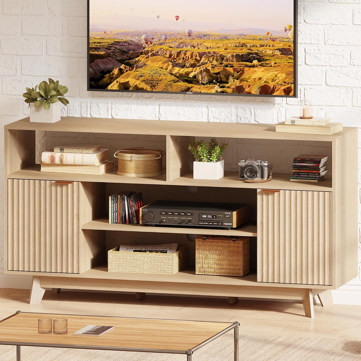 EROMMY Mid Century Modern TV Stand, 59 Inches Entertainment Center with Storage, Tall TV Media Console with 2 Fluted Doors Suitable for 50/55/60/65 TV in Living Room, Bedroom
