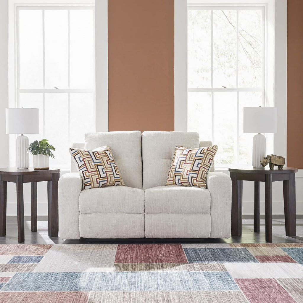 Signature Design by Ashley Danum Modern Tufted Manual Reclining Loveseat with 2 Accent Pillows, Beige