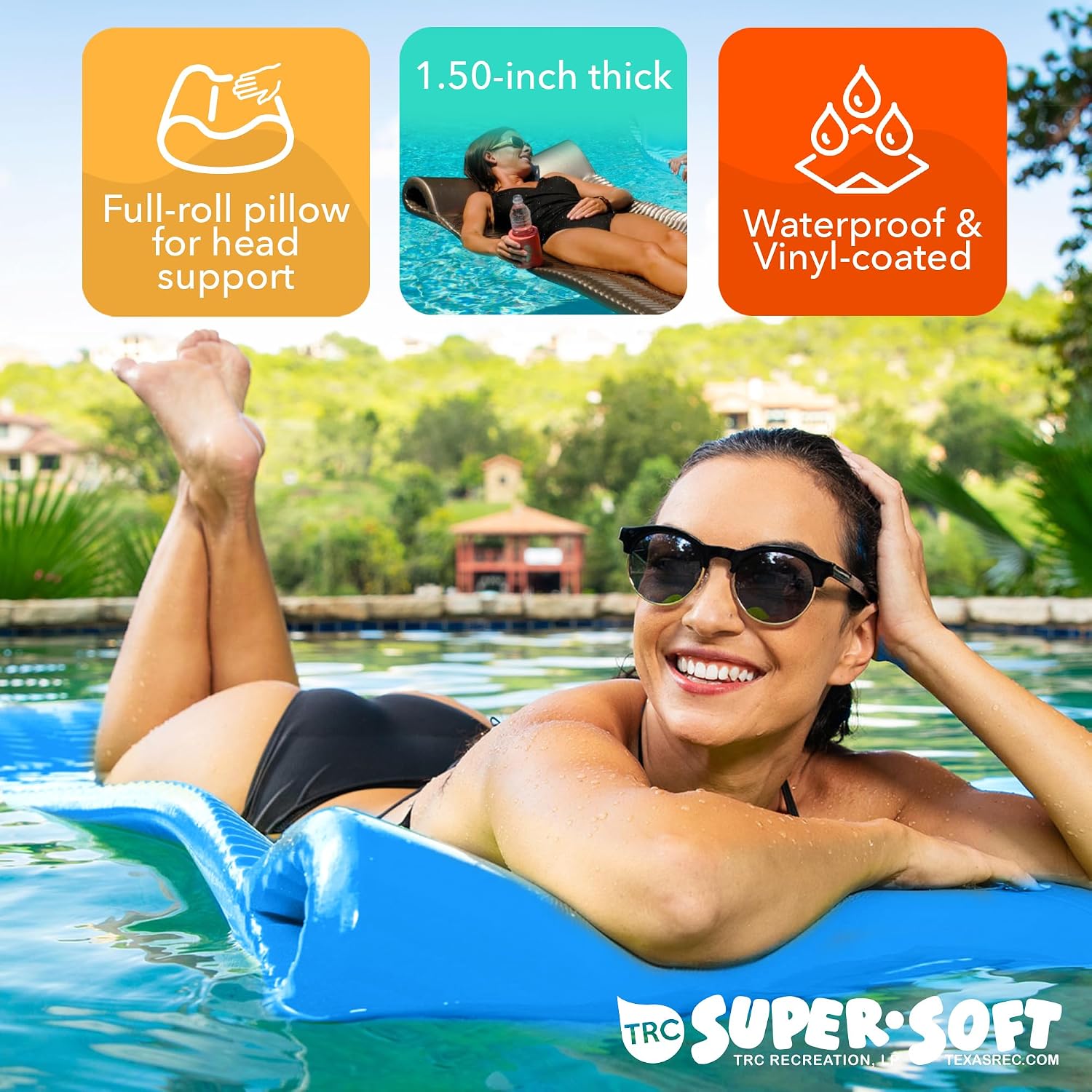 TRC Recreation Serenity 1.5' Thick Vinyl Coated Foam Swimming Pool Float Mat Adult Lounger with Built-in Roll Pillow