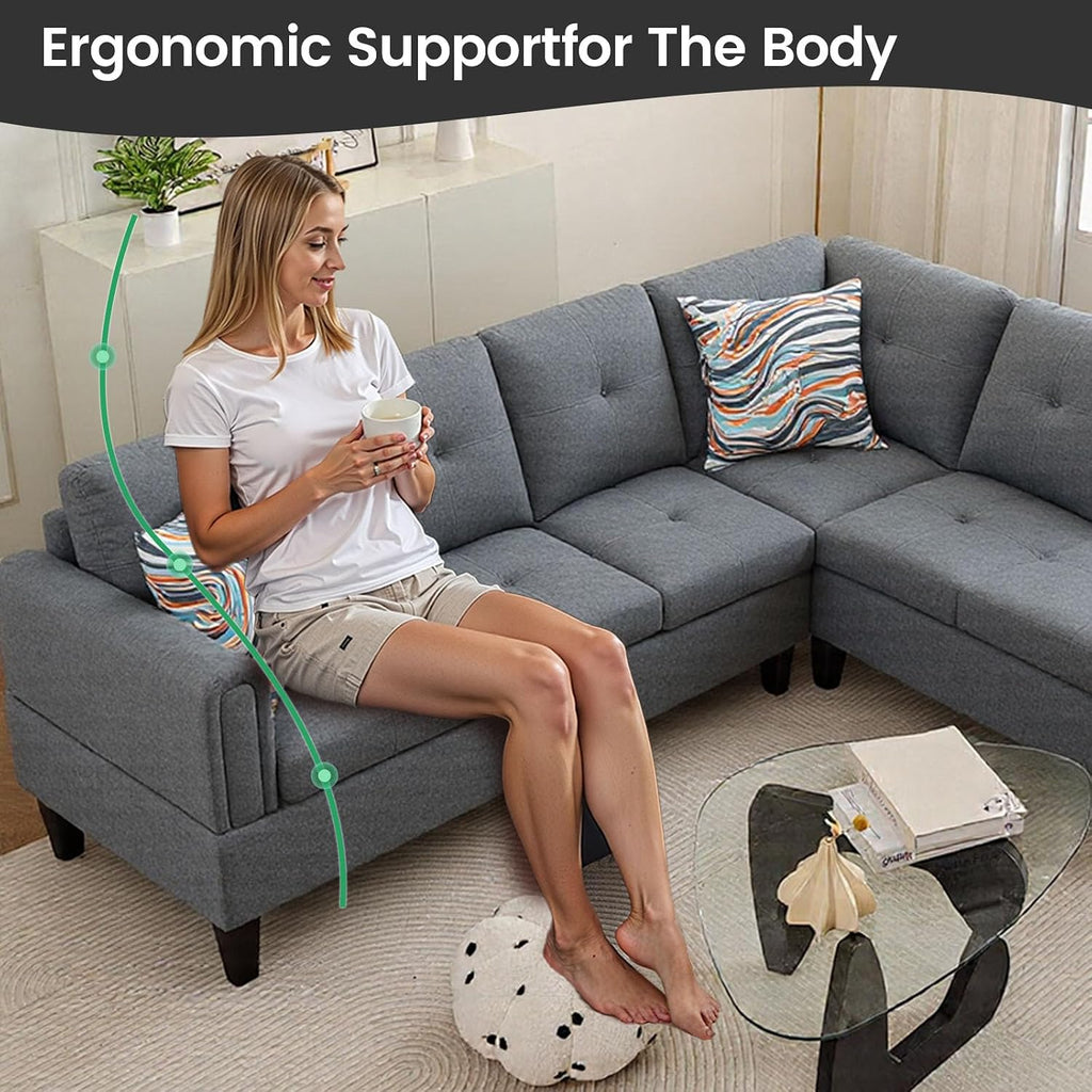 L Shaped Couch Sectional Couches with Chaise, Fluffy Fabric 3 Pieces Modular Convertible Sofa for Living Room Furniture Sets and Small Apartment, Dark Gre