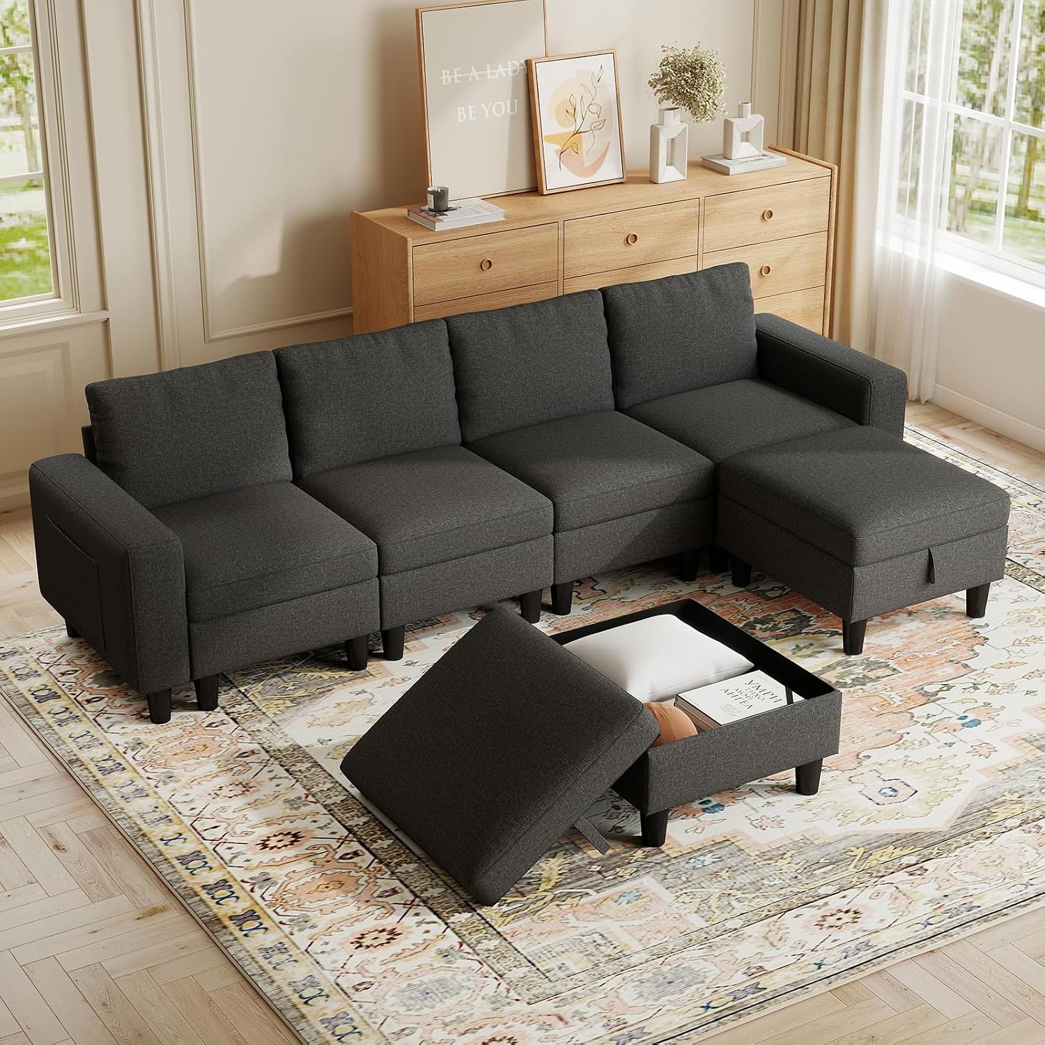 Modular Sectional Couches for Living Room, 110' U Shaped Sectional Sofa Couch with Adjustable Backrest, 6 Seat Linen Cloud Couch Sectionals with Storage Ottoman for Apartment (Dark Grey)