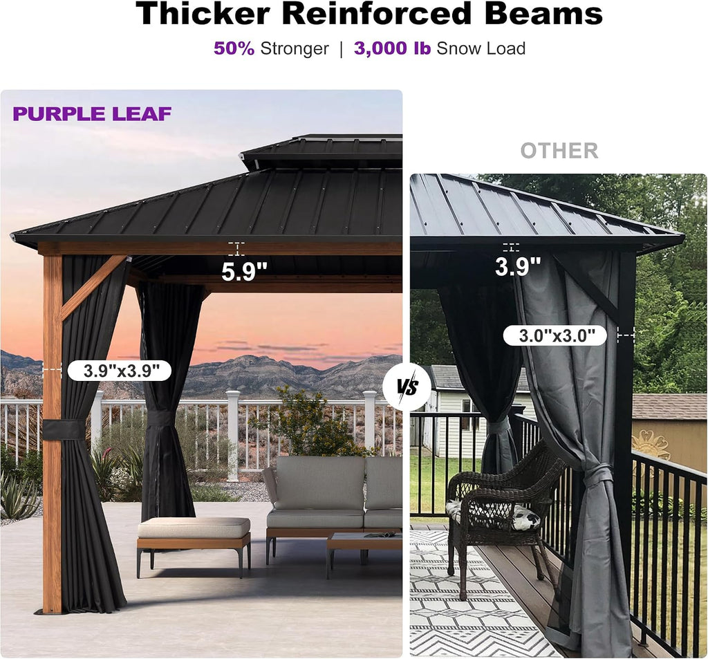 PURPLE LEAF 10' X 14' Hardtop Gazebo with Storage Box Outdoor Wood Grain Aluminum Frame Galvanized Steel Double Roof Gazebos with Netting and Curtains for Patio Deck Backyard Garden