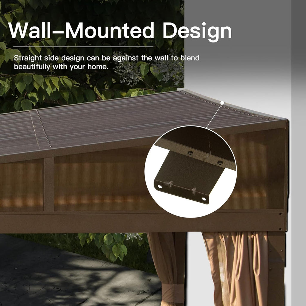 Domi 12x16FT Lean to Gazebo, Hardtop Wall Mounted Gazebo with Sloping Galvanized Steel Roof, Aluminum Frame, Drainage System, Curtains and Netting, for Patio, Deck, Garden, Backyard