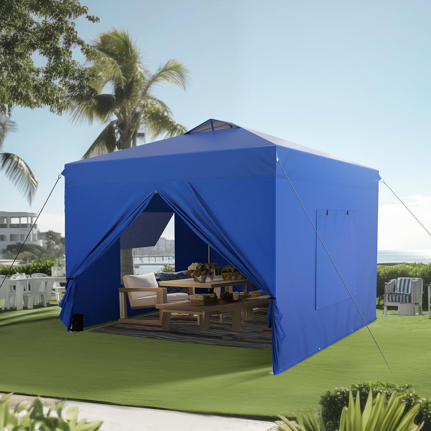 PHI VILLA 10x10 Pop Up Canopy Tent with Sidewalls - Easy Up Tent with Mesh Windows for Ventilation, Waterproof Design - Ideal for Parties, Beach, and Outdoor Events (Blue)