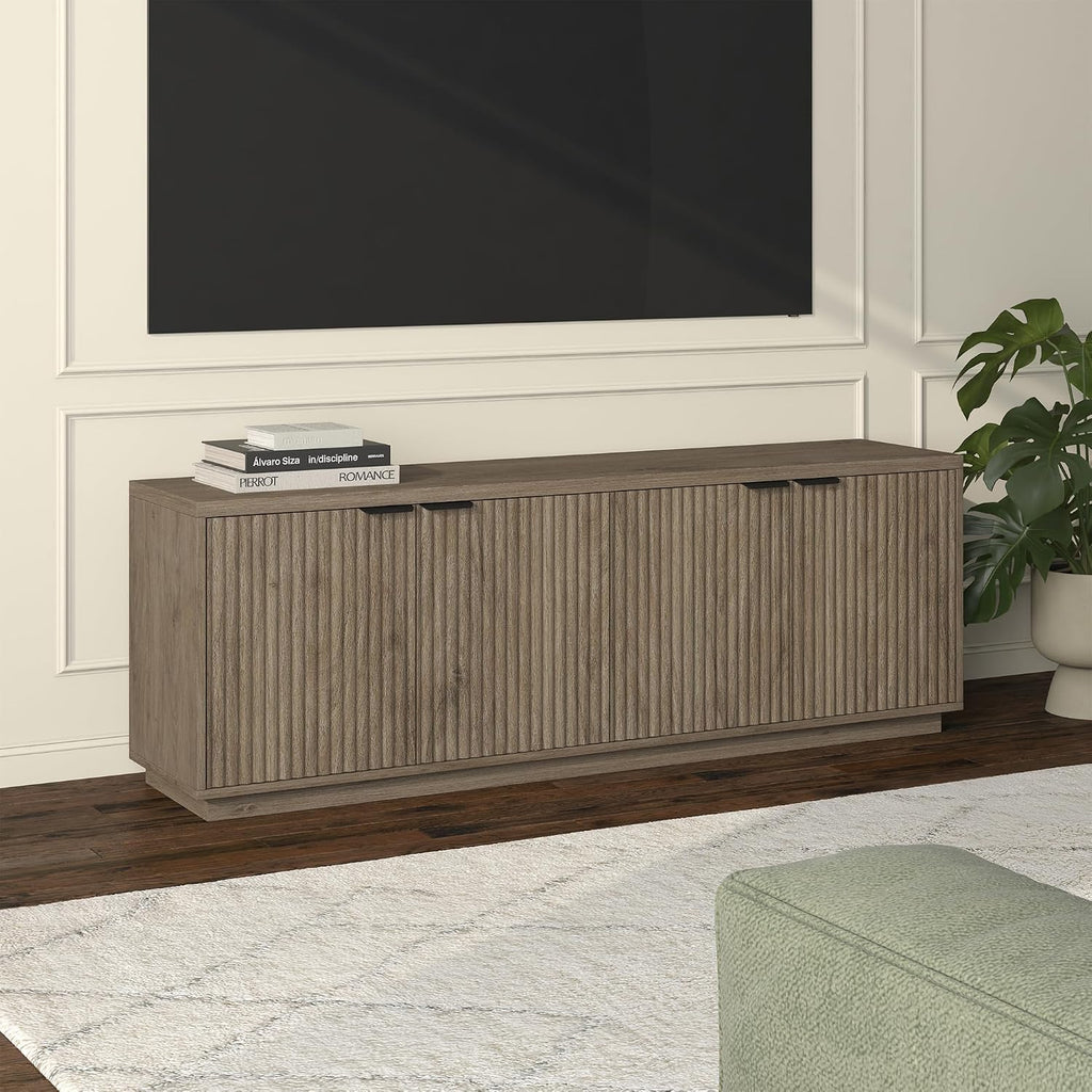 Henn&Hart Fluted TV Stand for TVs up to 78' with 2 Ribbed Storage Cabinets and Adjustable Shelves for Living Room, Family Room, or Office, Weathered Gray