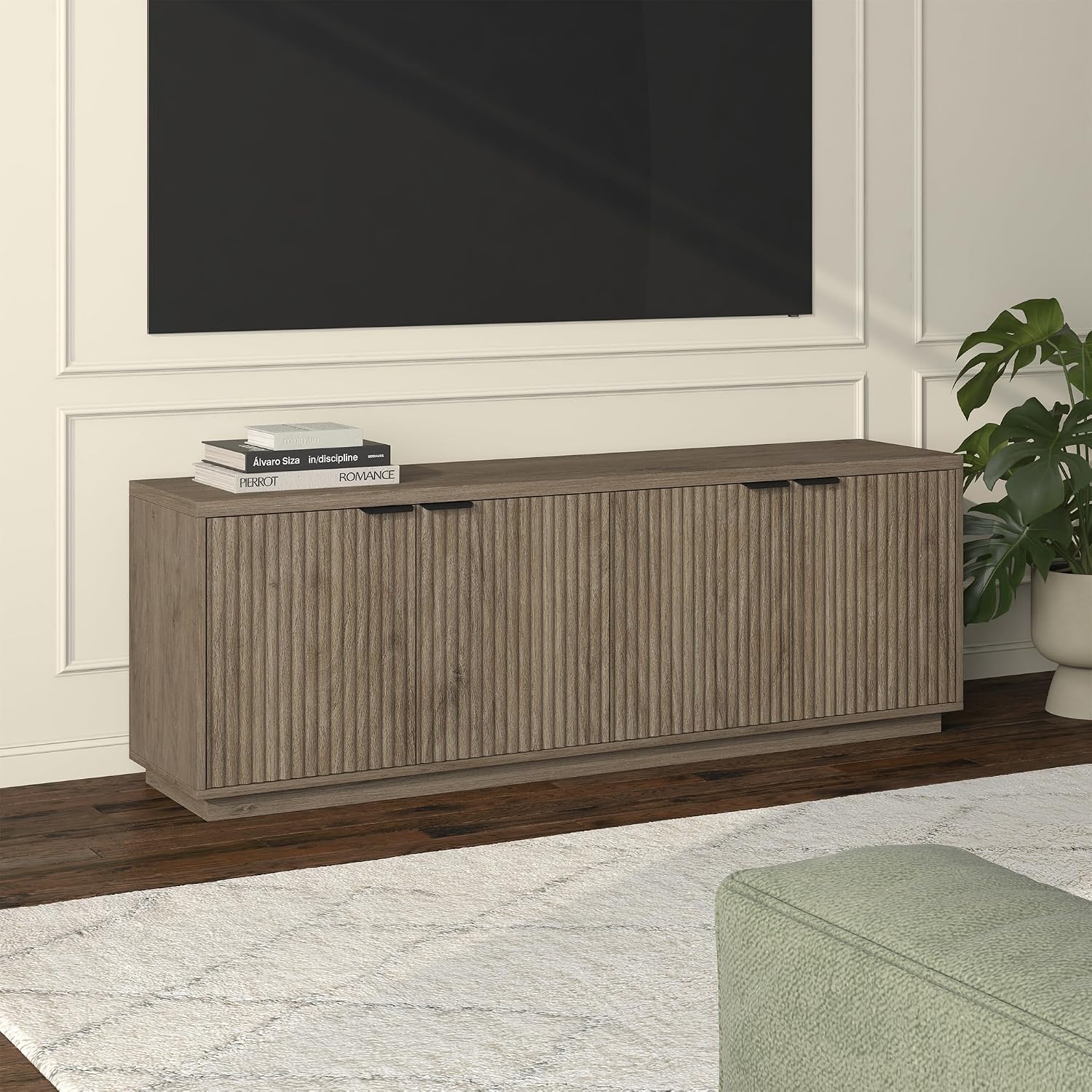 Henn&Hart Fluted TV Stand for TVs up to 78' with 2 Ribbed Storage Cabinets and Adjustable Shelves for Living Room, Family Room, or Office, Weathered Gray